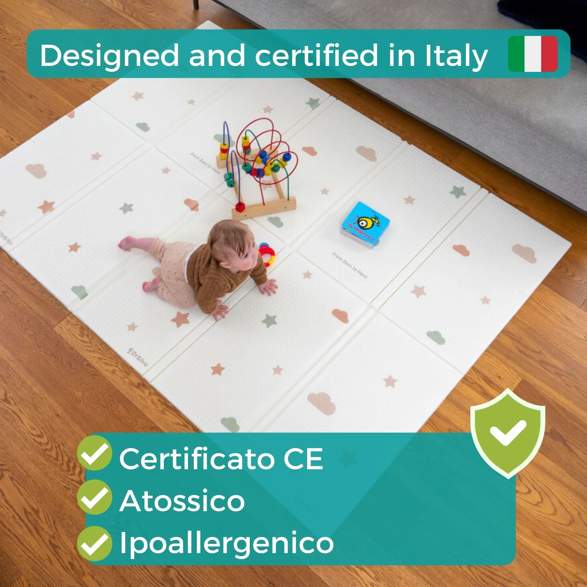 DR-SILVA Tappeto Gioco per lo Sviluppo Motorio di Bambini e Neonato. Sicuro, Atossico, Spessore 1,5 cm, Grande 200x150 cm, Pieghevole, Portatile, Anti-Scivolo, Lavabile, Morbido e Anti-urto.