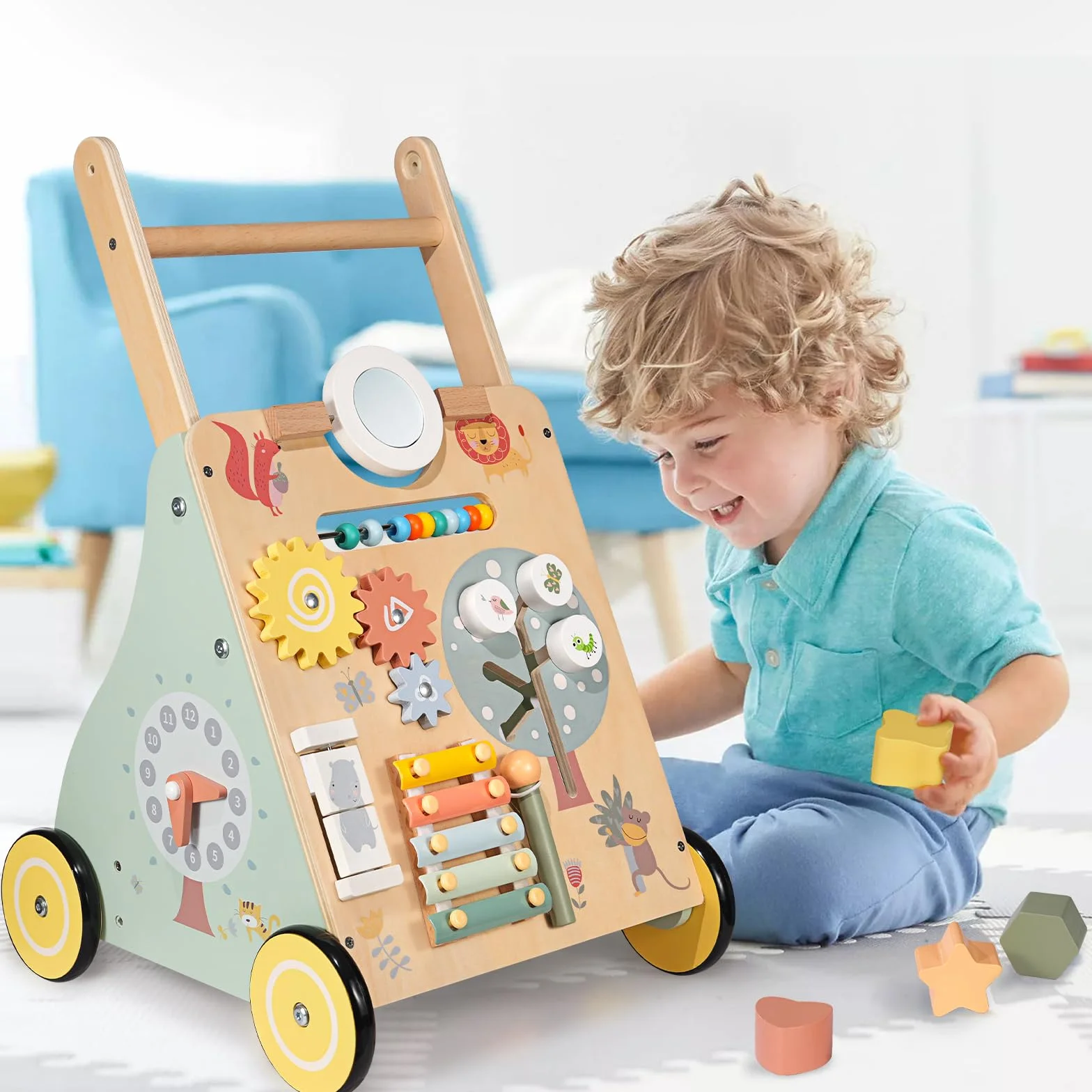 Girello per Bambini di Legno, Carrello Primi Passi Legno con 8 Giochi Interattivi, Giocattoli Bambino 1 Anno, Primi Passi per Bambini, Baby Walker Regali di Natale e Compleanno