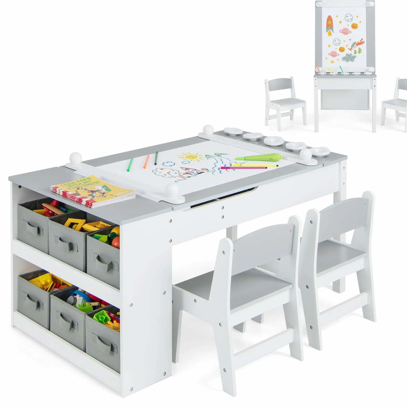 RELAX4LIFE Tavolo D'arte per Bambini con 2 Sedie, Legno, Piano Sollevabile, 6 Cassetti, 4 Tazze Pittura