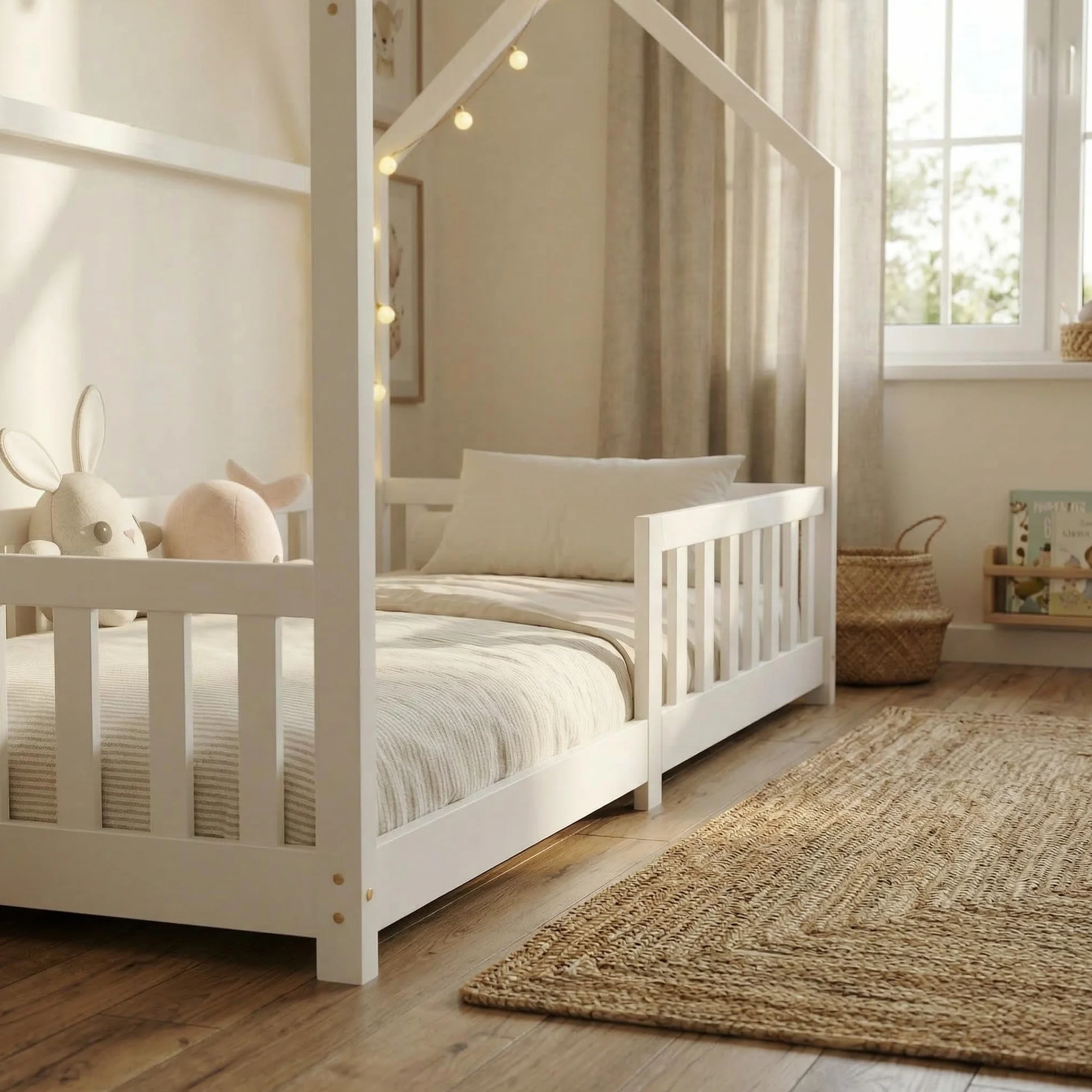 ecomi® Lettino per bambini 90x200 80x160 cm con protezione cadute e rete a doghe Bianco