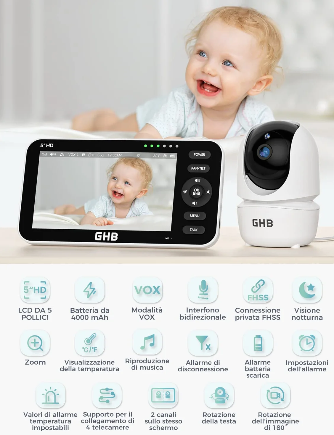 GHB Baby Monitor Video e Audio Videocamera Schermo 5'' 350°/110° Comunicazione Bidirezionale VOX Visione Notturna Monitoraggio Temperatura