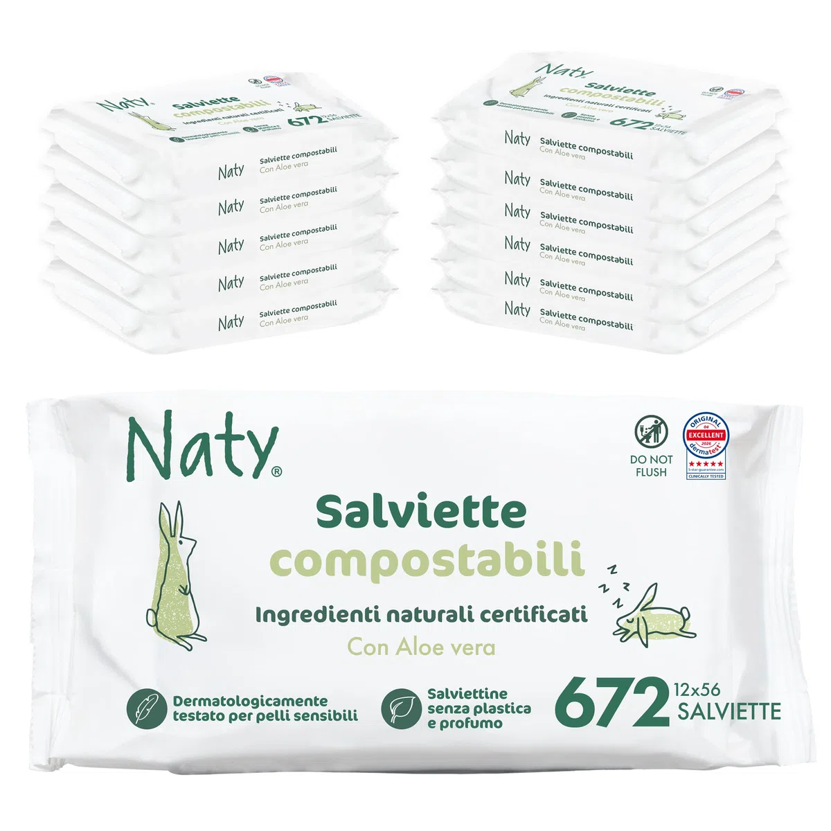 Naty Salviettine per Neonati e Bambini con Aloe | 98% Acqua, Ipoallergeniche e Naturali per Pelli Sensibili | Senza profumo | Dermatologicamente testate | 672 pezzi (12 confezioni)
