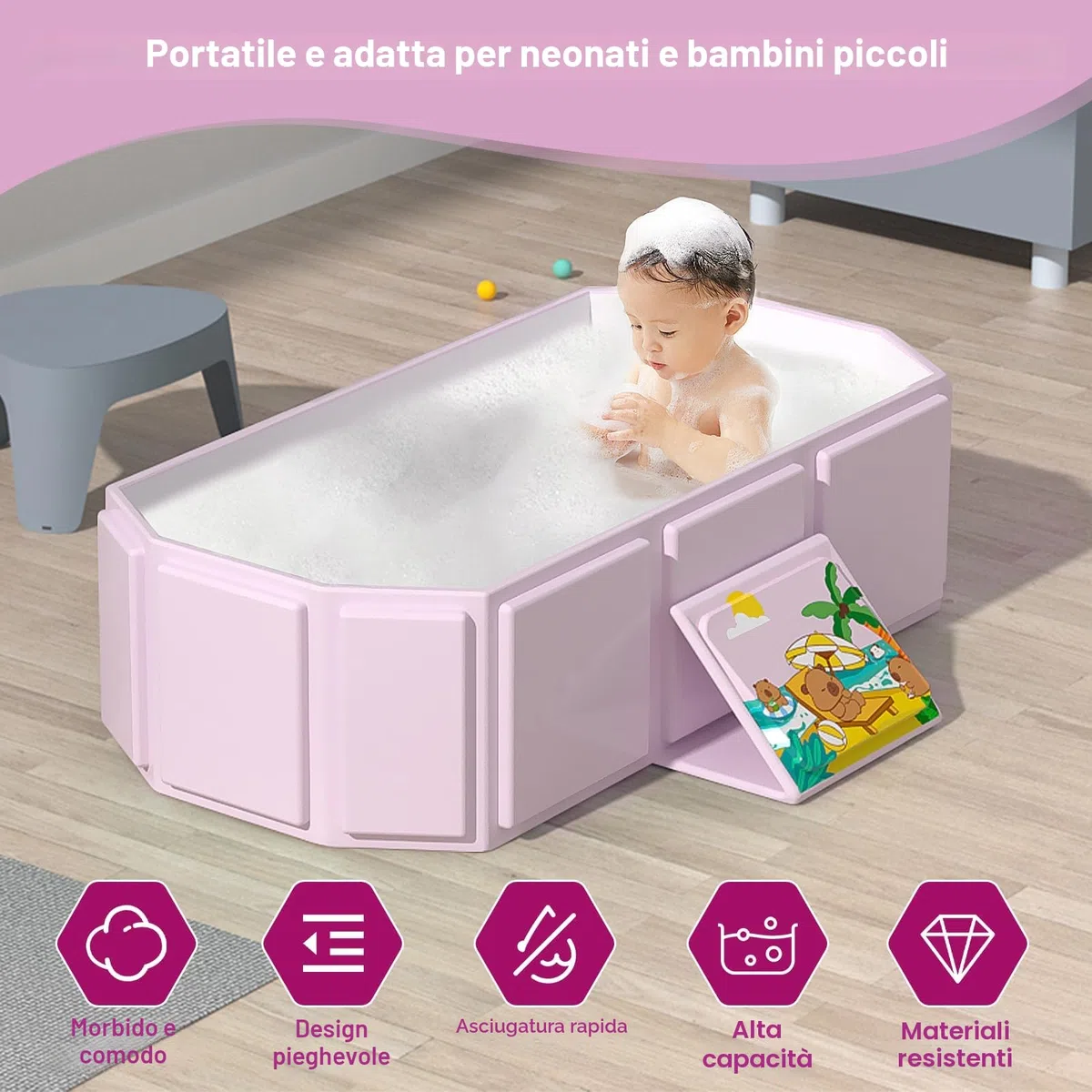 Vasca da bagno pieghevole portatile per bambini, 75 x 45 x 25 cm, adatta per 0-6 anni, rosa/verde menta (rosa)