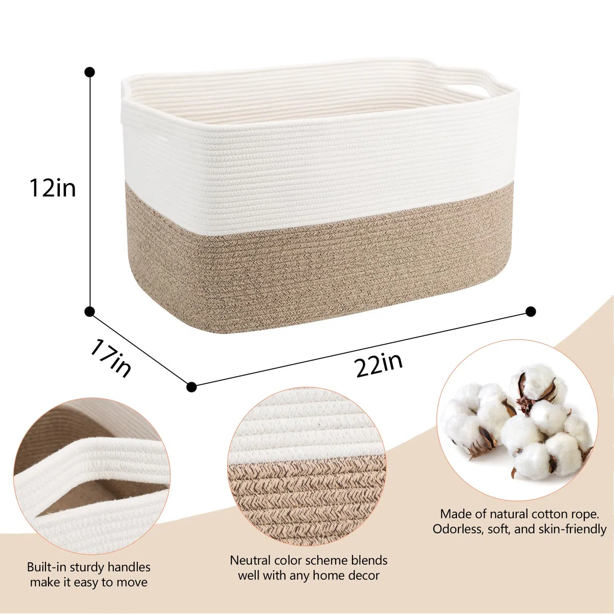 MEGASKET Cesto Rettangolare Extra Large in Corda di Cotone, 60 x 39,9 x 35,8 cm, per Coperte, Cuscini in Vimini, Portaoggetti Morbido per Bambini e Giocattoli