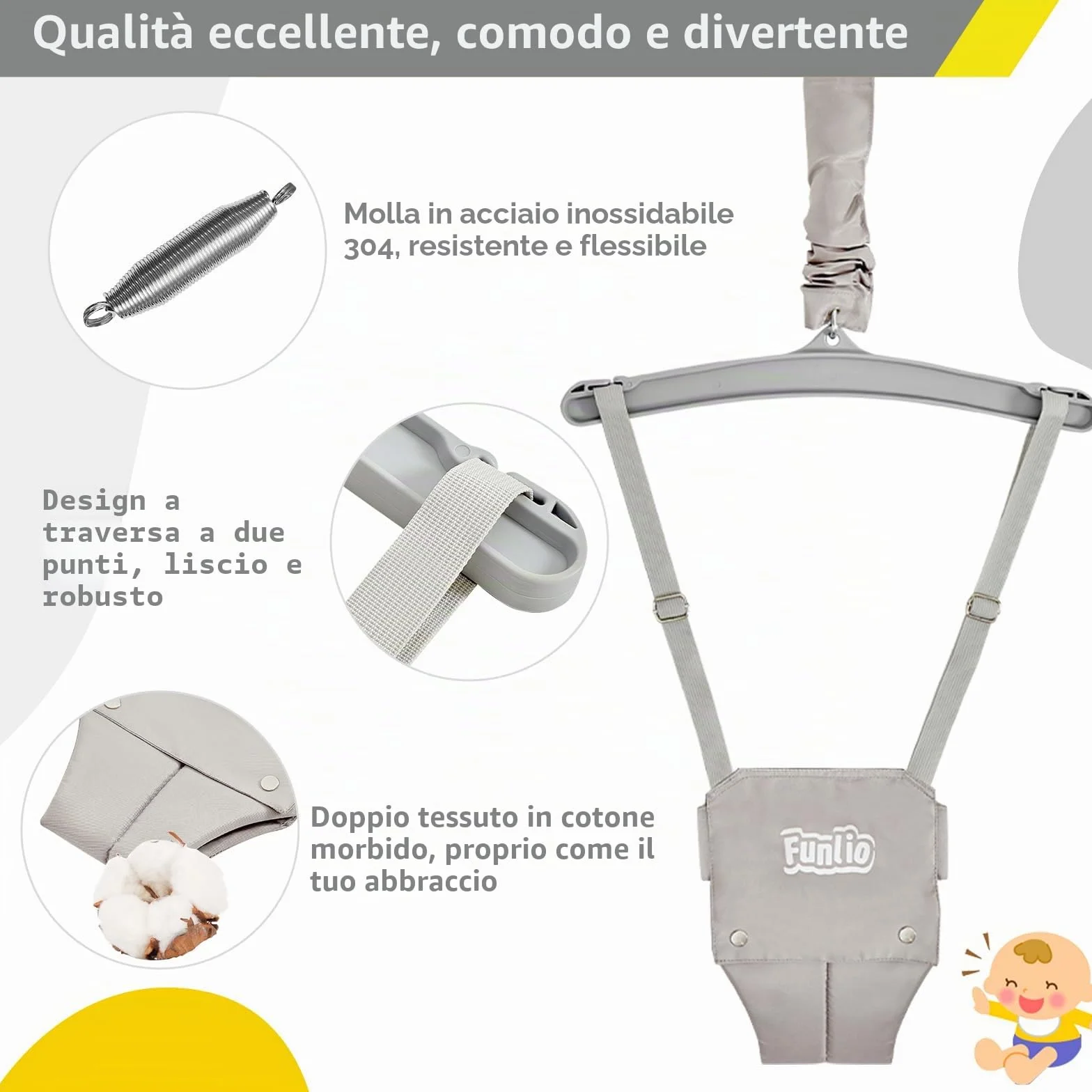 FUNLIO Altalena con Supporto per Neonati per 6-24 Mesi, Altalene Saltare Su per Bambini per Giochi Indoor/Outdoor, Maglione per Neonati/Ragazzo, con Catena Regolabile, Facile da Montare -Grigio