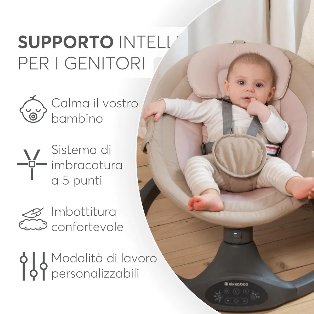Sdraietta Neonati Elettrica KikkaBoo CODIE, Dondolo Elettrico per Neonati con Bluetooth, 5 Velocità, Schienale Regolabile, 10 Melodie, Fino a 9 kg, Grigio scuro