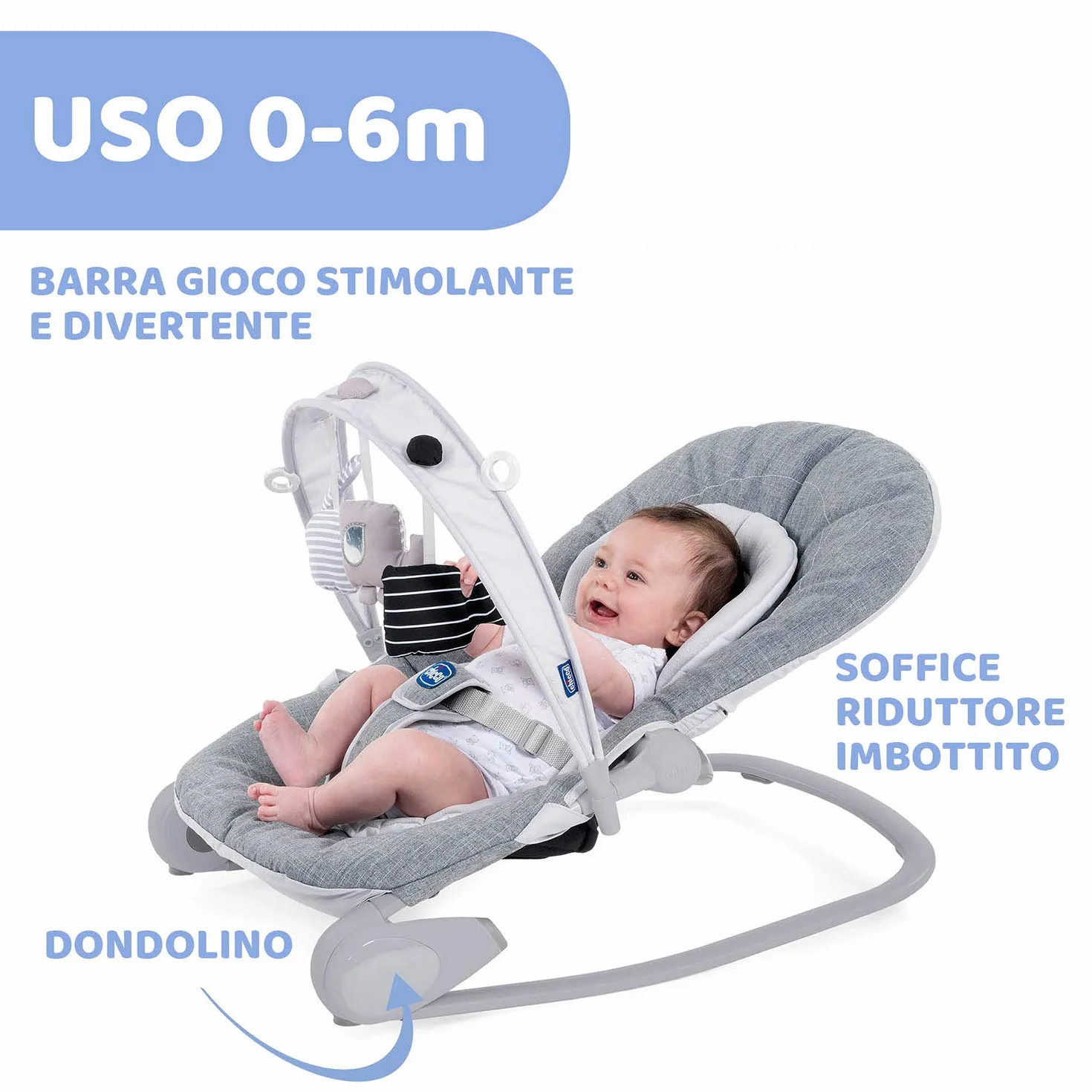 Chicco Hooplà Sdraietta Neonati e Bambini da 0 Mesi a 18 kg, Funzioni Dondolo e Poltroncina, con Barra Gioco, Schienale Regolabile e Cuscino Riduttore, Chiusura Compatta, Grigio chiaro