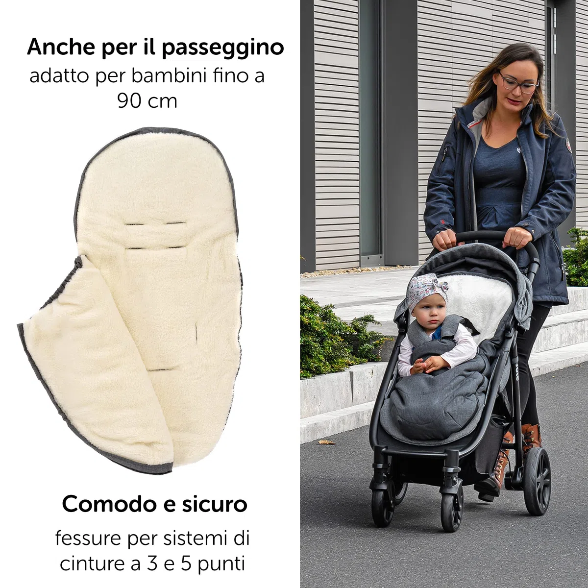 Zamboo Sacco Coprigambe Passeggino Universale per Carrozzina ed Ovetto - Sacco Passeggino Invernale 2in1 in Pile con Tasca - Grigio