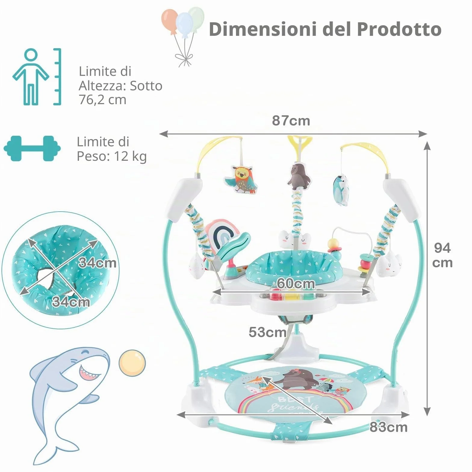 LIFEZEAL Jumperoo Bebe con seduta girevole a 360° e rimovibile, saltatore per bambini, altezza regolabile, 3 posizioni, centro giochi con luce e musica, 9 giocattoli, carico 12 kg, transat comfort