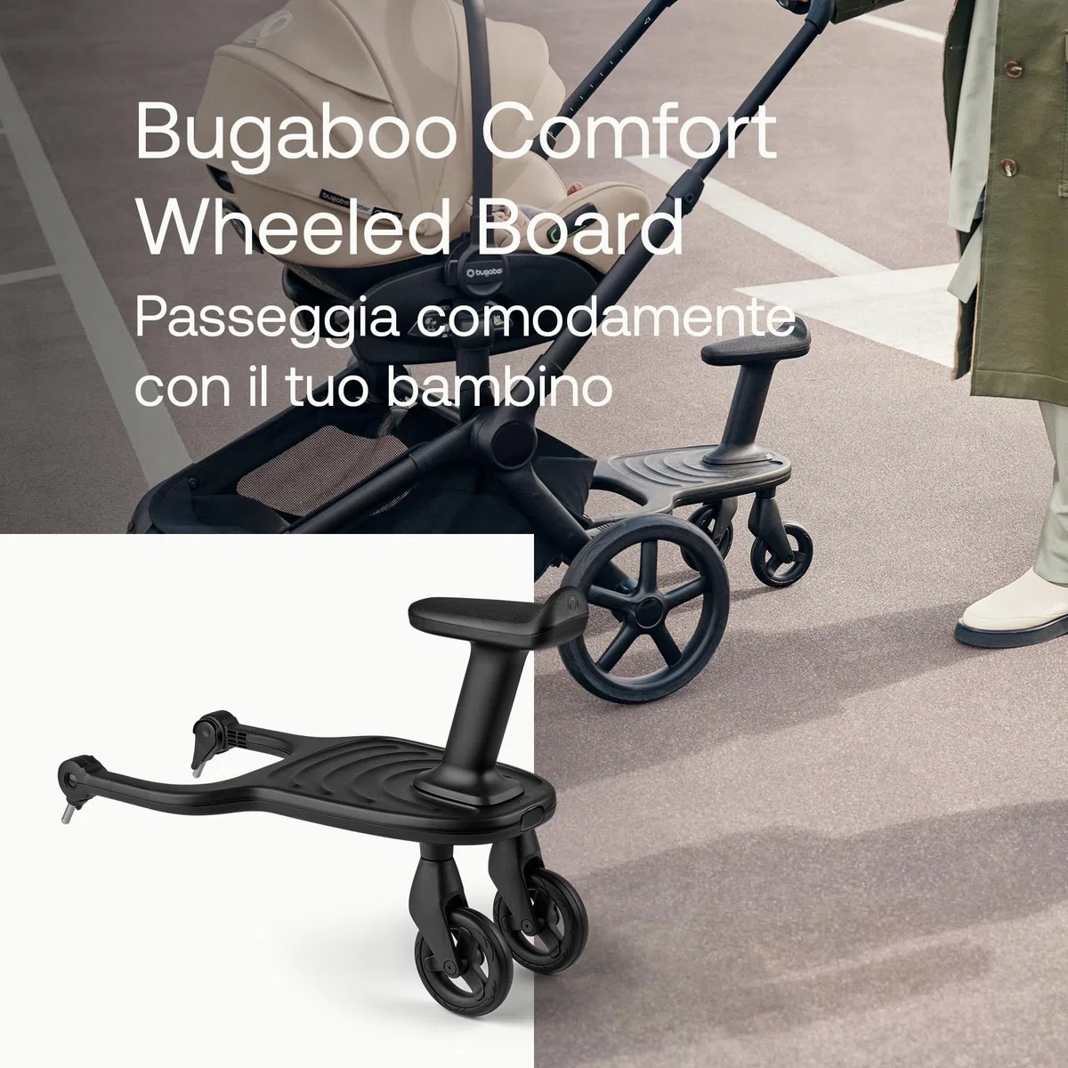 Bugaboo Pedana con Ruote Comfort+ con Sedile Rimovibile – Pedana da passeggio per bambini piccoli con opzione da seduto o in piedi, compatibile con tutti i passeggini Bugaboo