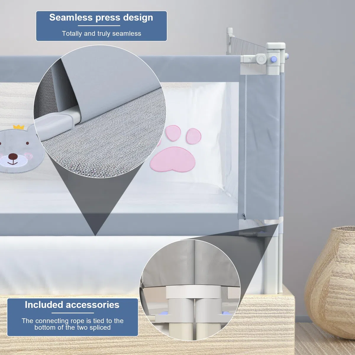 Barriera per letto 180 cm, Barriera pieghevole per letto per bambini, Protezione per letto per bambini per prevenire le cadute, Barriera per bambini piccoli, Facile da montare, Grigio ricamato