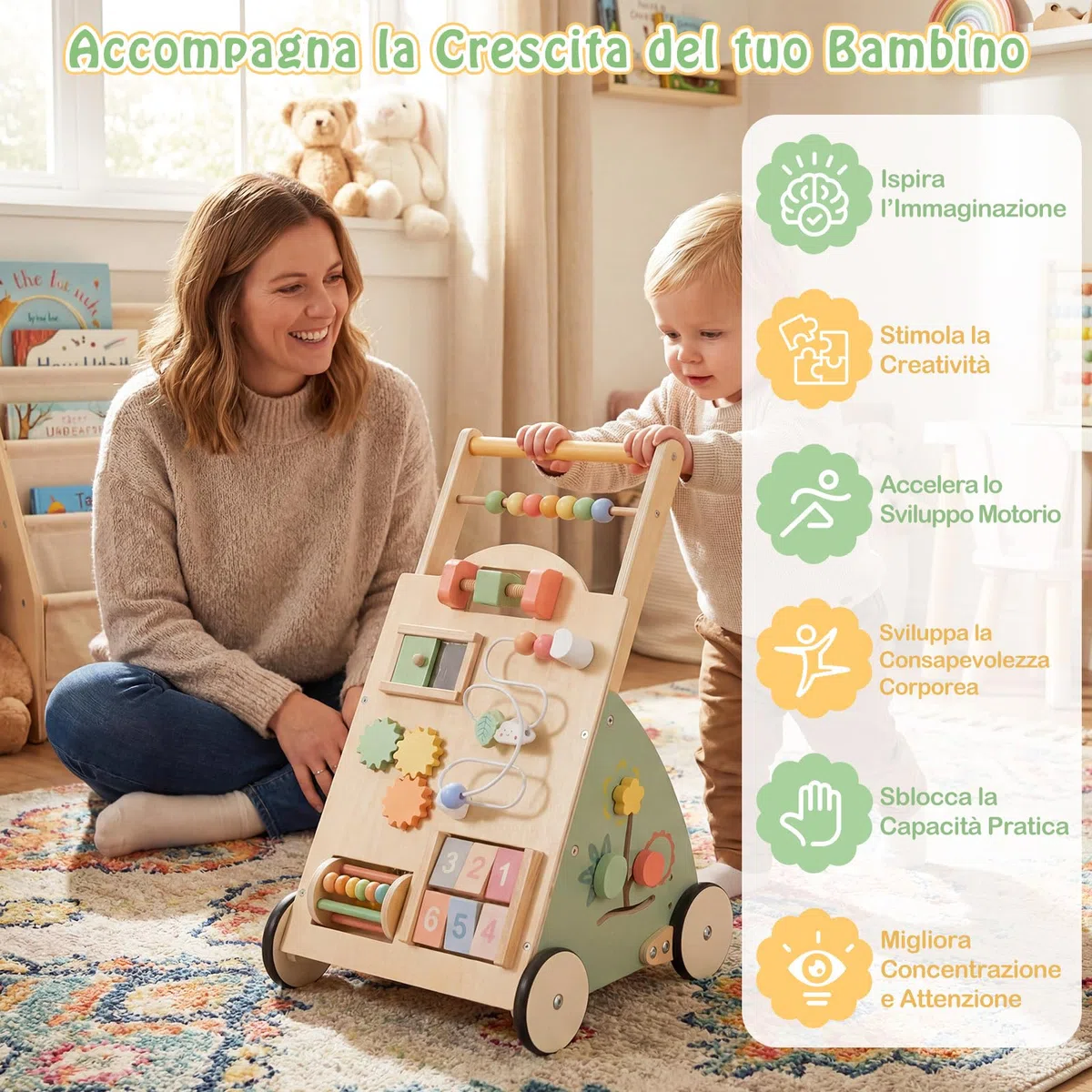 COSTWAY Carello Primi Passi in Legno per Bambini, Girello Montessori con Centro Attività, Ruote e Cestino Portaoggetti, Gioco Educativo per Bambini 12 + Mesi (Modello 5)