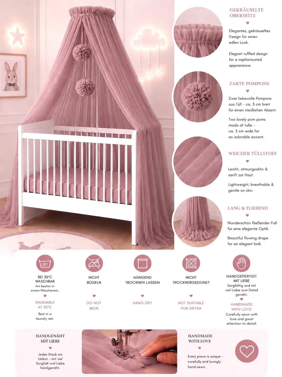 Baby Fancyroom Tenda per Letto da Bambino, Zanzariera, Decorazione per Camera, Baldacchino in Tulle di Qualità Superiore Vecchio Rosa
