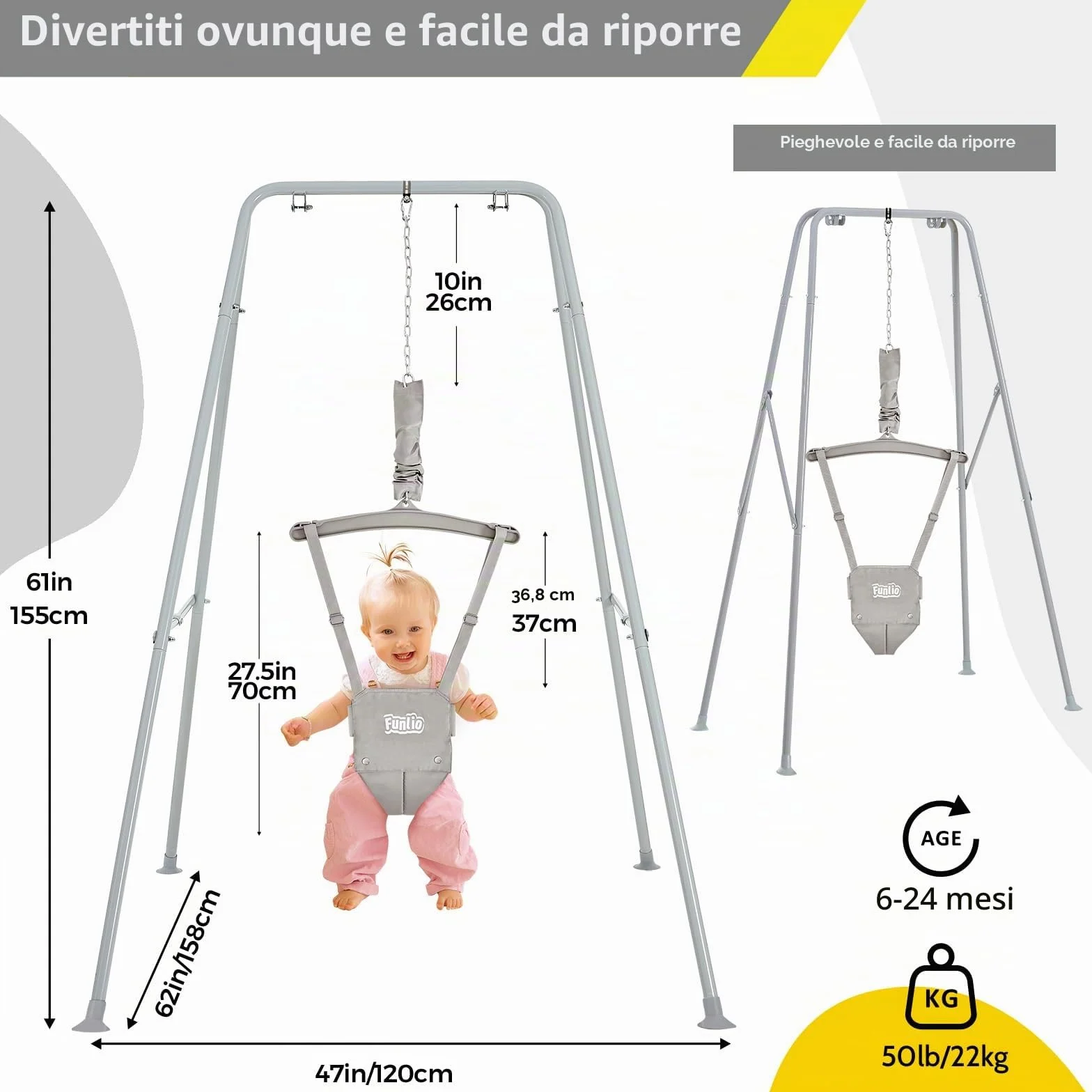 FUNLIO Altalena con Supporto per Neonati per 6-24 Mesi, Altalene Saltare Su per Bambini per Giochi Indoor/Outdoor, Maglione per Neonati/Ragazzo, con Catena Regolabile, Facile da Montare -Grigio