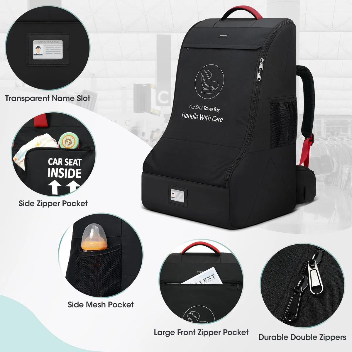 RAINSMORE Borsa da Viaggio per Seggiolino Auto per Aereo, Impermeabile Borsa da Trasporto Per Seggiolino Auto con Tracolla, Zaino per Seggiolino Auto per Viaggi Aerei Gate Check e Stoccaggio