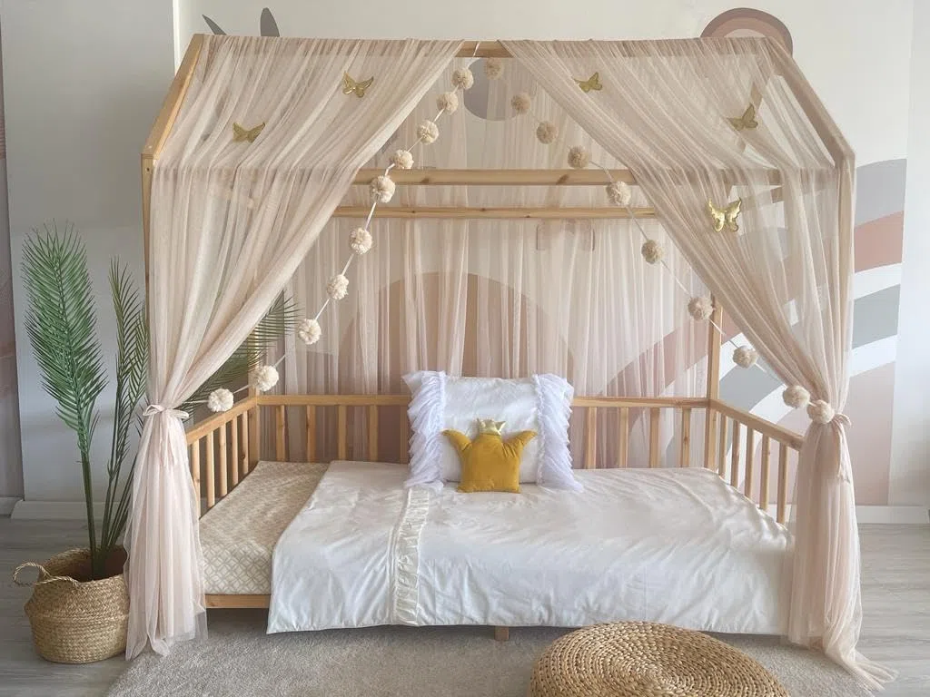 Baby Fancyroom Letto a baldacchino per letto dei bambini, per cameretta dei bambini, tenda a baldacchino, per ragazze, camera della principessa (beige, 360 cm, con 5 farfalle dorate)
