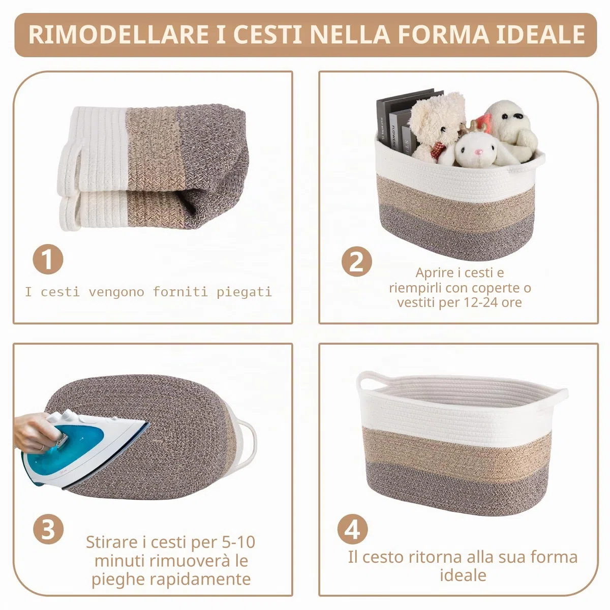 AOFANGSHIYE3 cesti di stoccaggio, corda di cotone per bambini cesto regalo, giocattoli per bambini cesto di stoccaggio(bianco marrone)