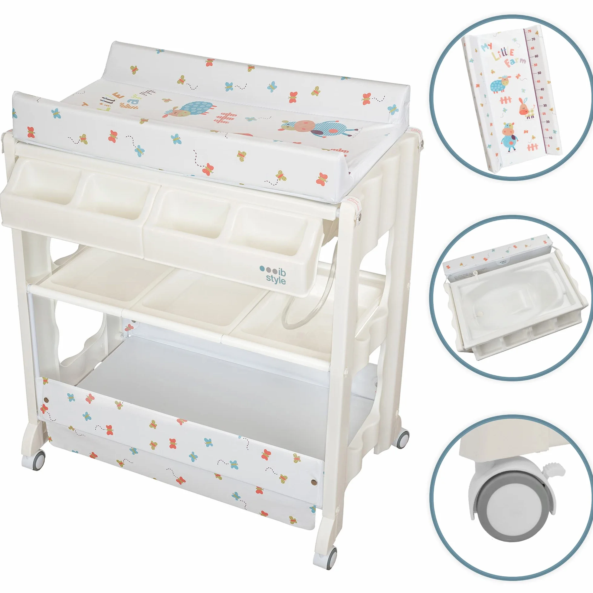 ISA Fasciatoio con vasca da bagno cambia-bambini mobile con rulli 4 disegni My little Farm
