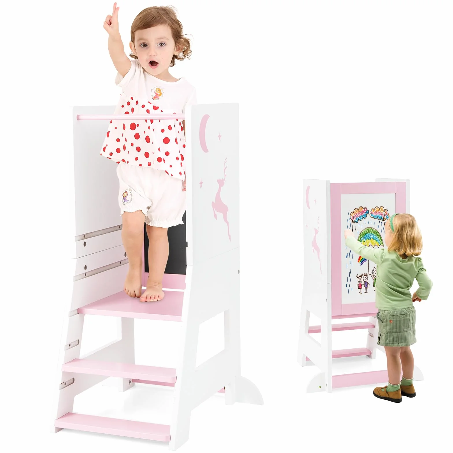 RELAX4LIFE Torre Montessoriana 3 in 1 per Bambini, Torre di Apprendimento Altezza Regolabile con Lavagna Bifacciale e Piedini Antiribaltamento, Rosa