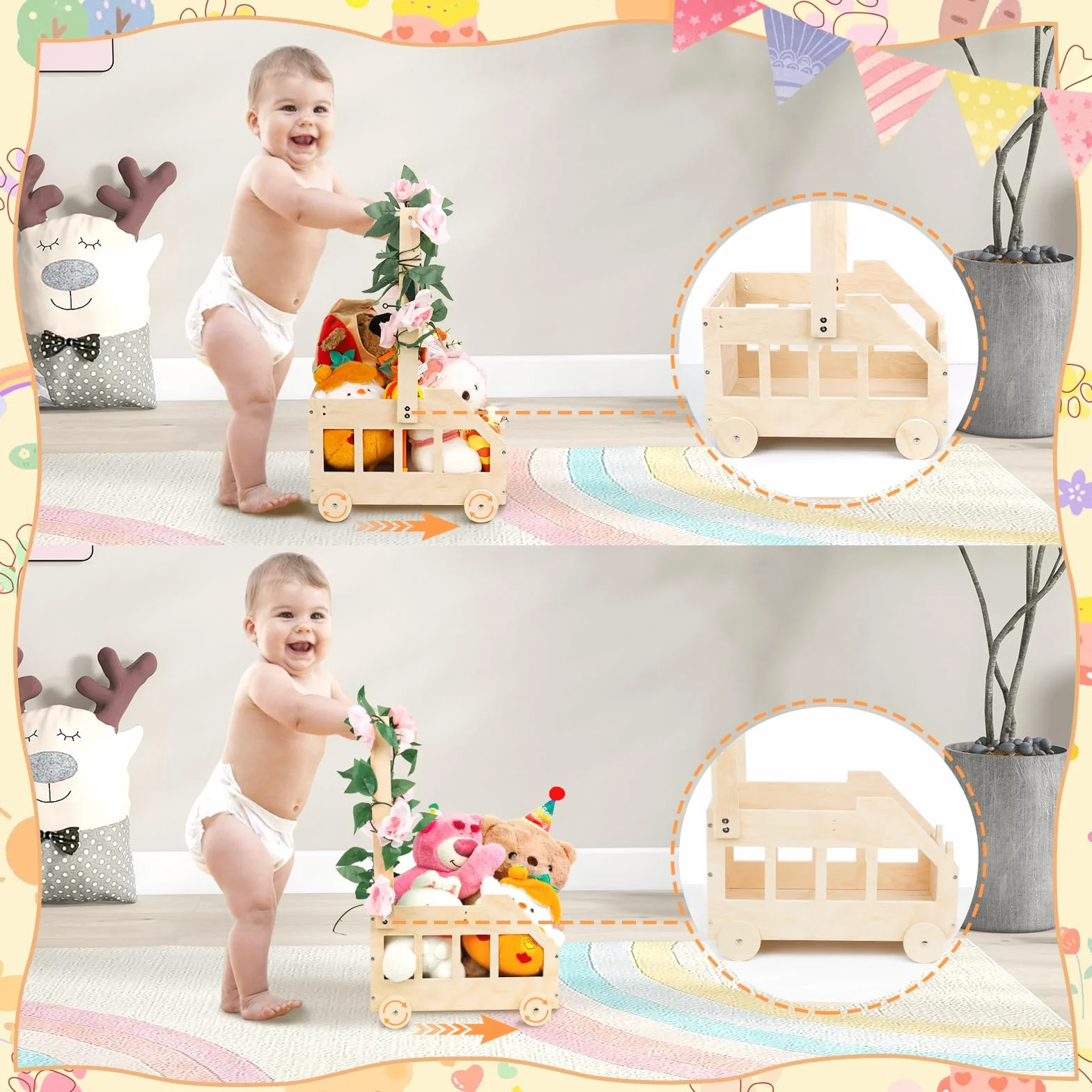 Wooden Baby Basket Cesto Baby Shower con Manico Cestino in Legno per Baby Shower con Ruote Cesta Giochi Bambini in Legno Cesto Portagiochi Bambini con Tag e Appendiabiti Cesto Nascita Bimba