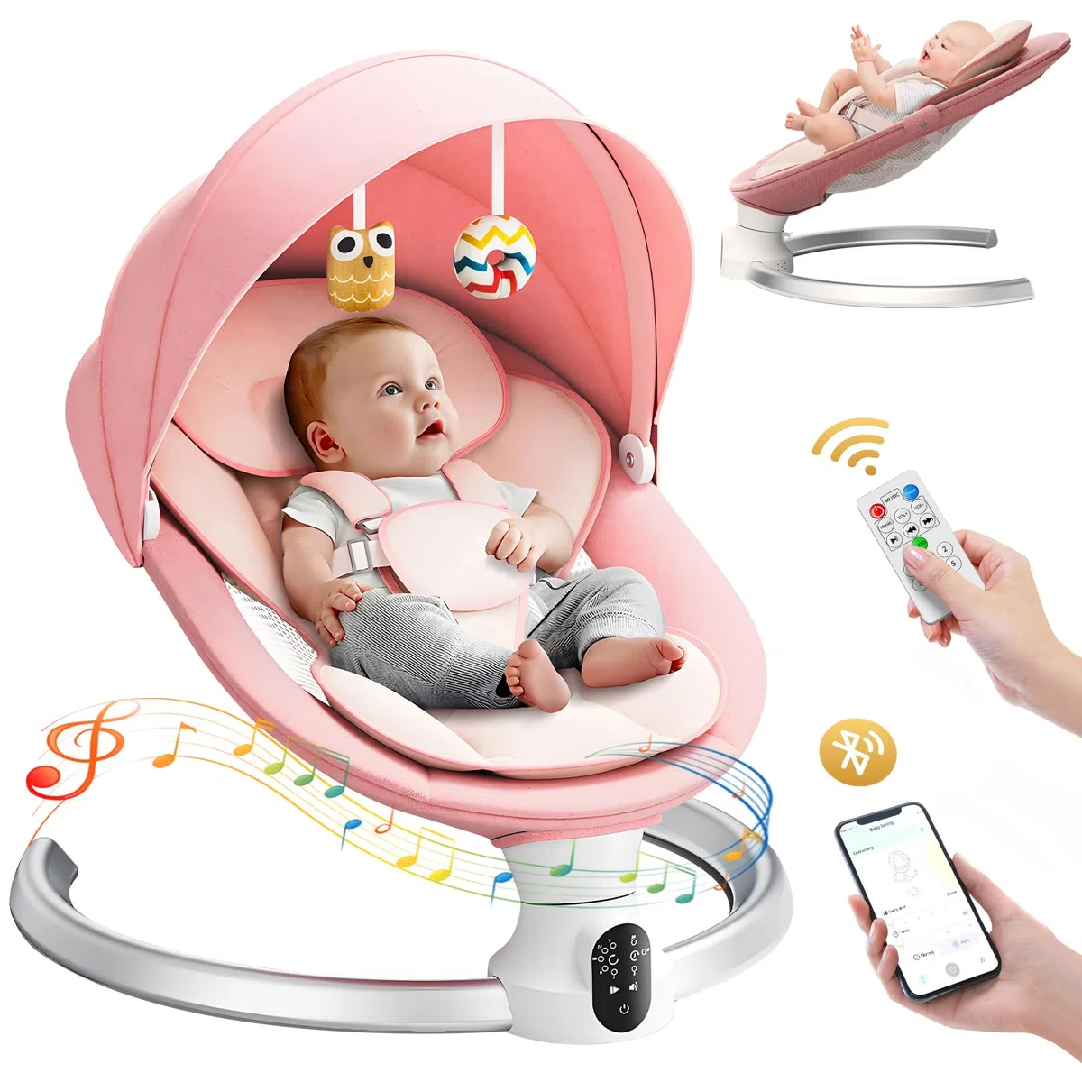 Sdraietta Neonati Elettrica 0-9 kg, Dondolo Neonati Elettrico con Telecomando e Bluetooth, Sdraietta con 5 Ampiezza di Dondolio e Cintura di Sicurezza a 5 Punti,Rete per Insetti (Rosa)