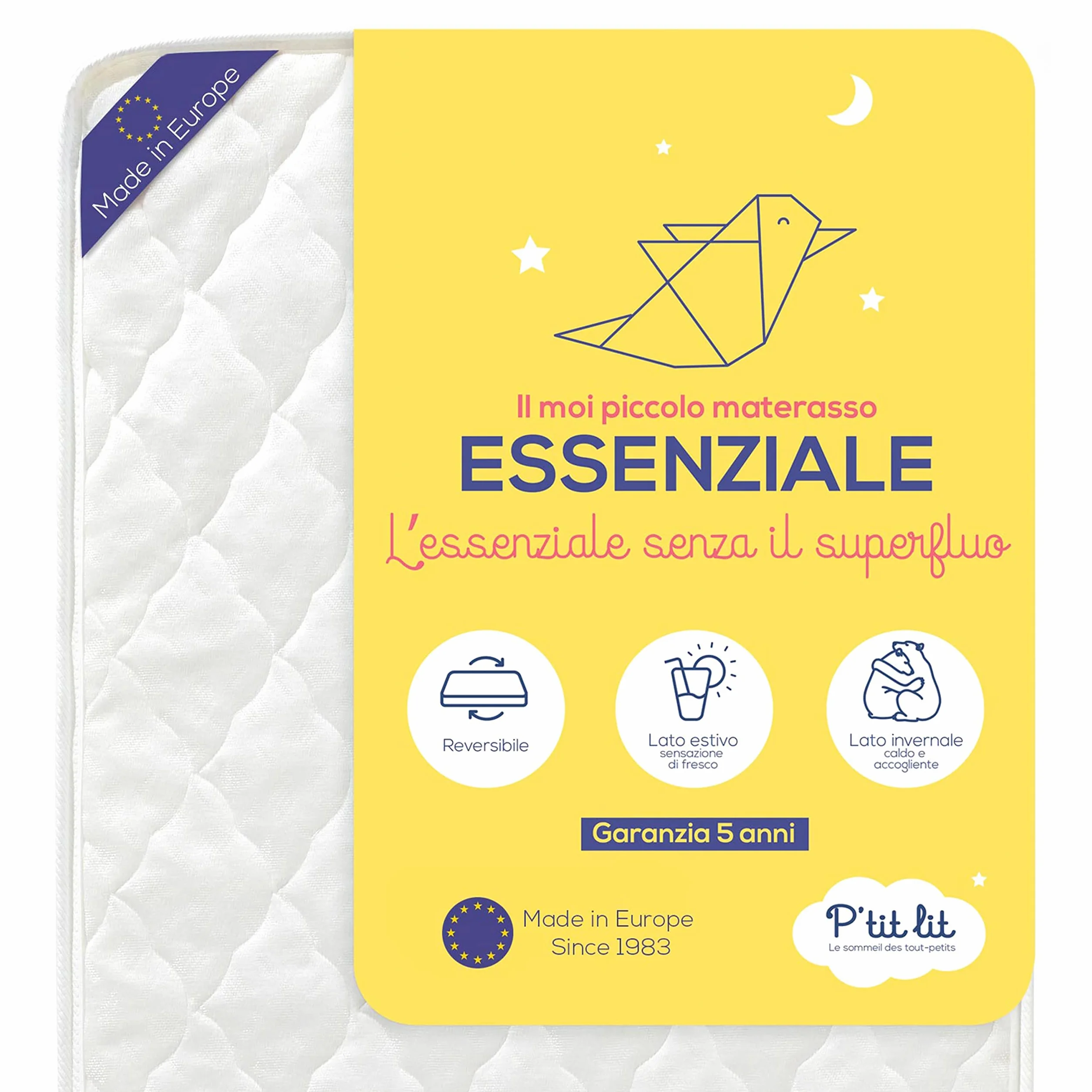 P'tit Lit - Materasso bambino Indispensabile - 60x120 cm - Climatizzato: 1 lato estivo/ 1 lato invernale - Oeko Tex® - Fabbricazione europea