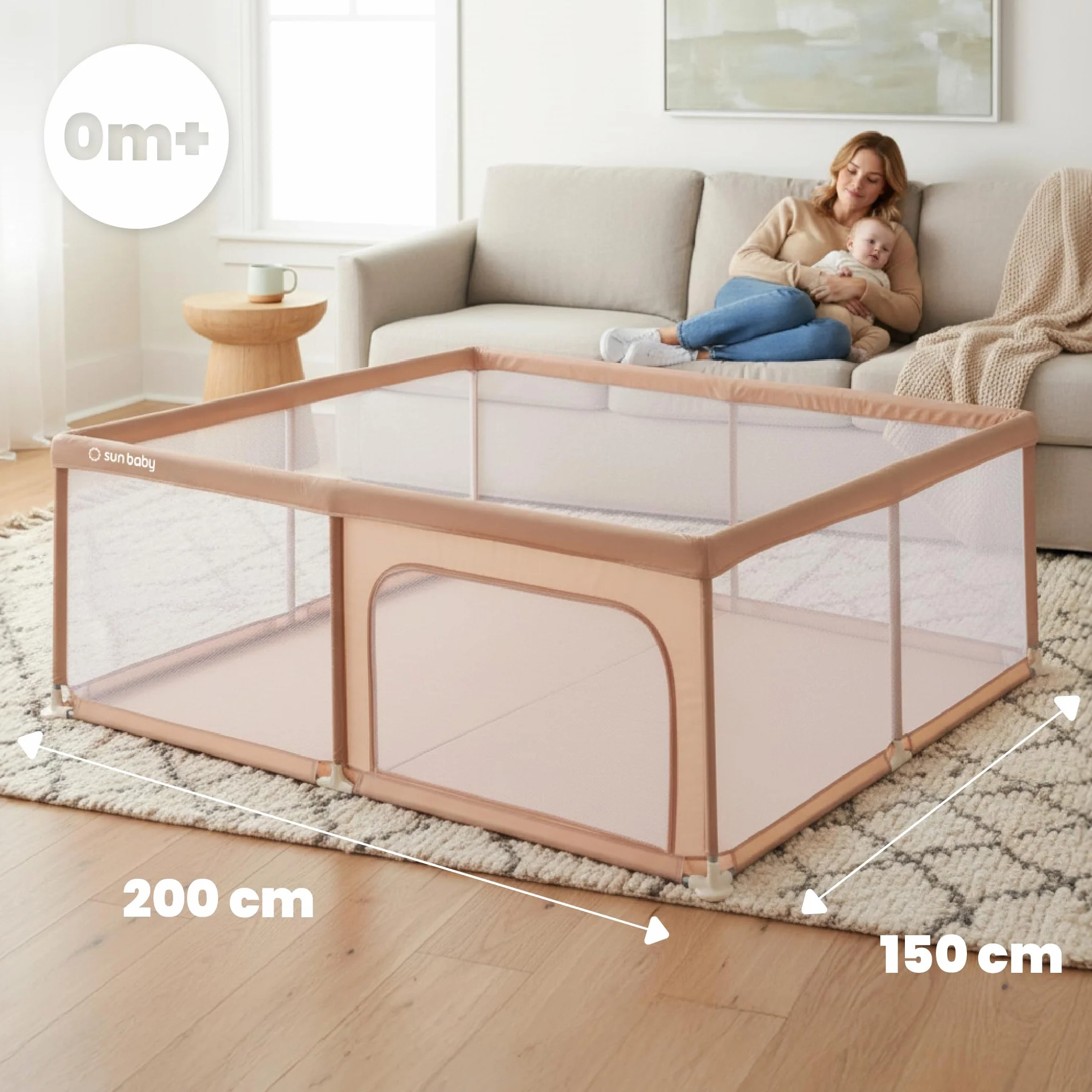 Sun Baby Box Bambini 150x200 cm 0-2 anni Salmone Poliestere Pareti in Rete Cerniera Piedini Antiscivolo Borsa Inclusa Struttura Metallo