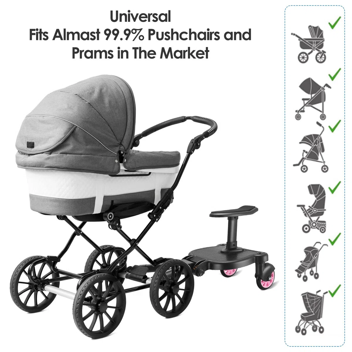 Pedana Passeggino Universale con Sedile, FNRIDS Tavolette Portatili per Passeggini, con cinghia di sospensione,Design Stabile a due Ruote, Accessori per Passeggini per Bambini da 2 a 6 anni (rosa)