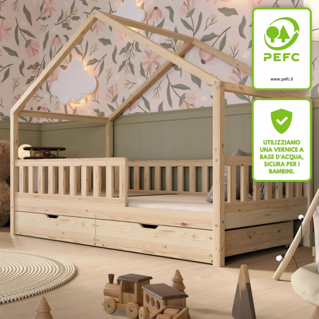 Letto Montessori a Pavimento 200x120 cm Legno Naturale con Cassetti