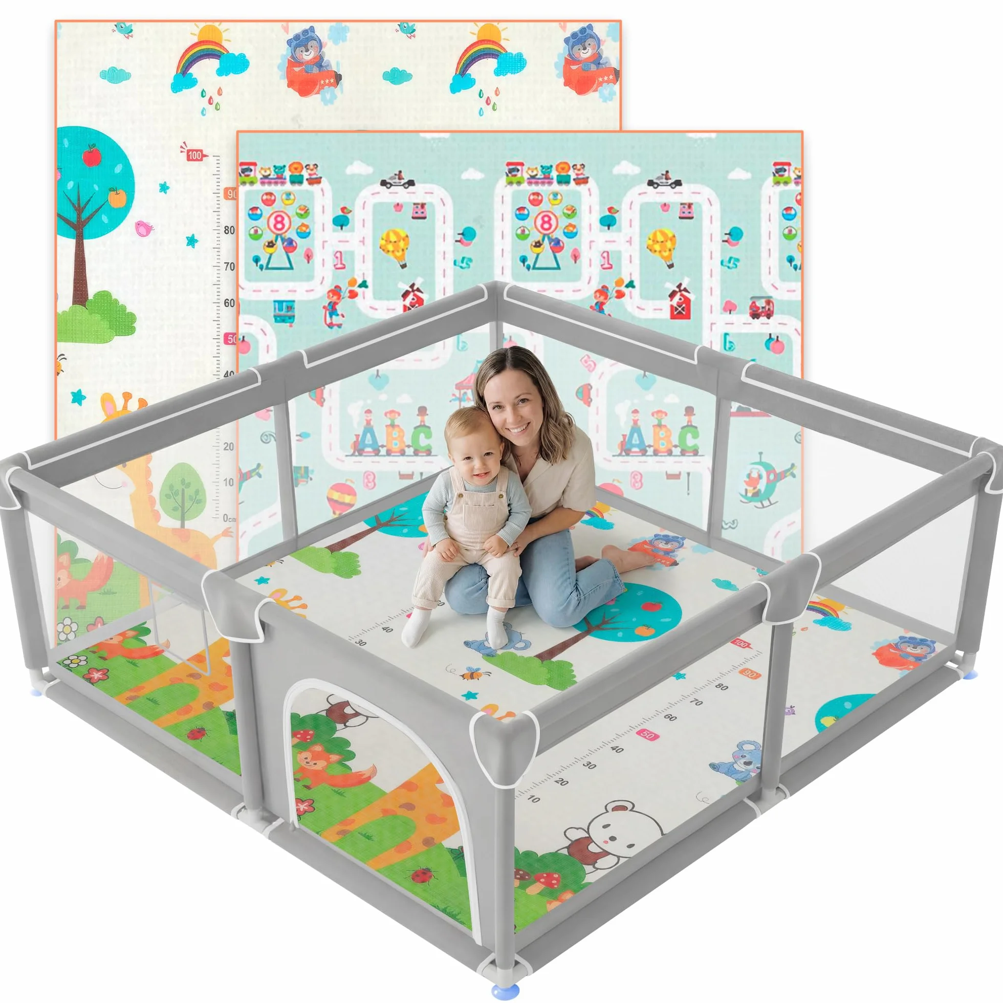 JUPPLIES Box Bambini 120×120 cm Recinto Gioco per Neonato 6-24 Mesi Rete Traspirante 360° Grigio con materassino
