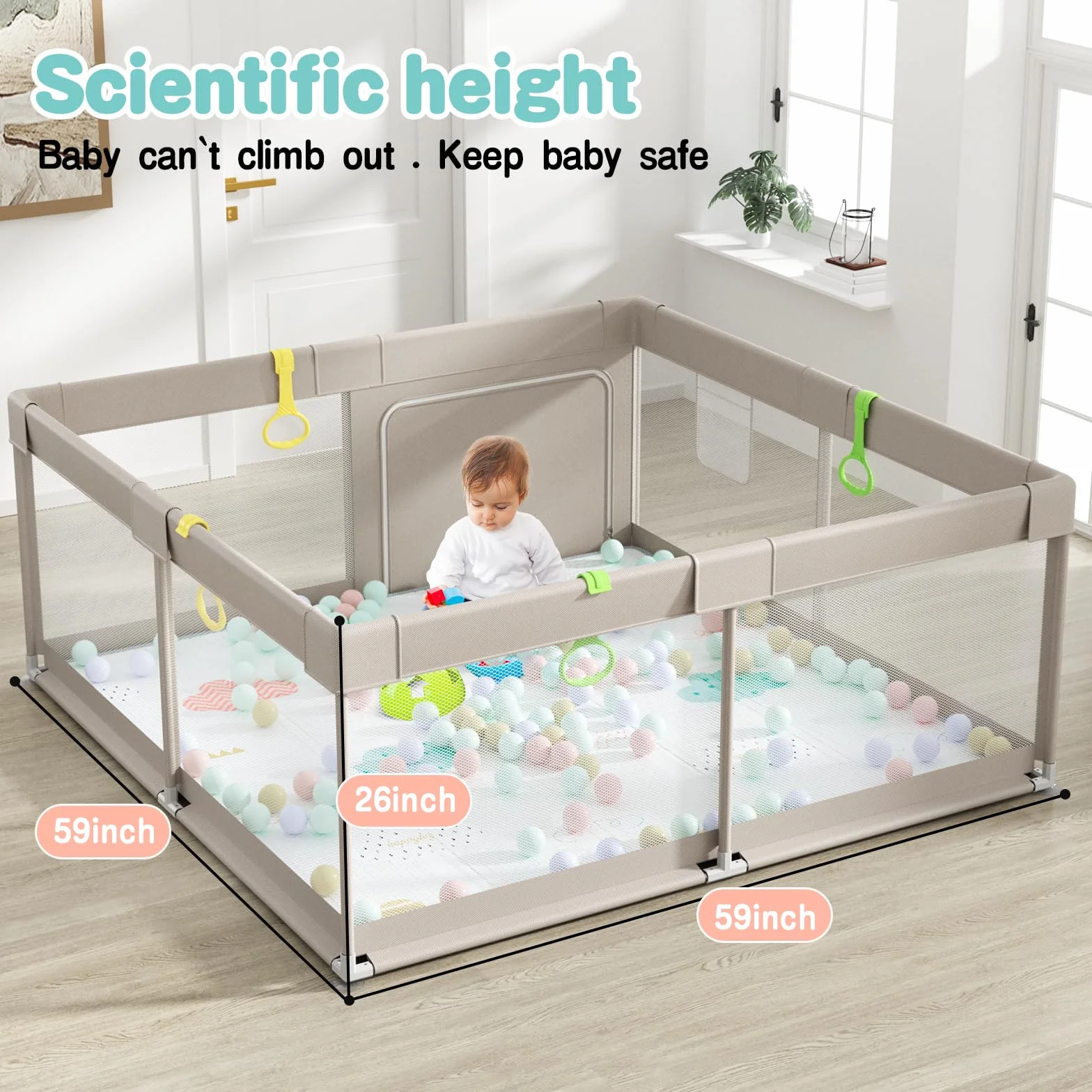 Uanlauo 150 x 150 cm, box con tappetino da gioco, XXL per bambini, per interni ed esterni, area attività per bambini, con porta con cerniera e 4 anelli