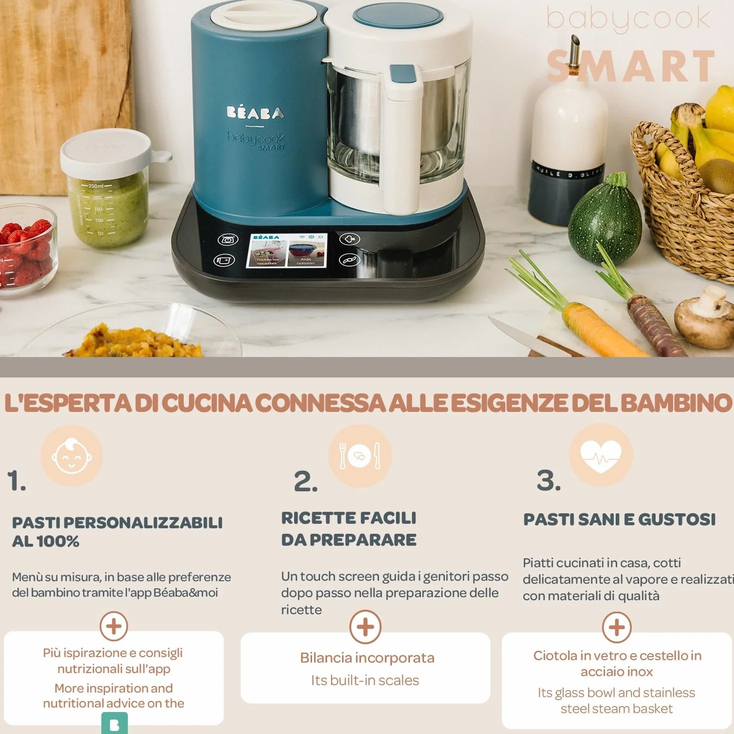 BÉABA BabycookSmart, Cuoci Pappa per Bambini, Bilancia, Ciotola in Vetro, Cestino Acciaio Inox, 2.25 L, Cottura Vapore, Schermo Tattile, Antracite
