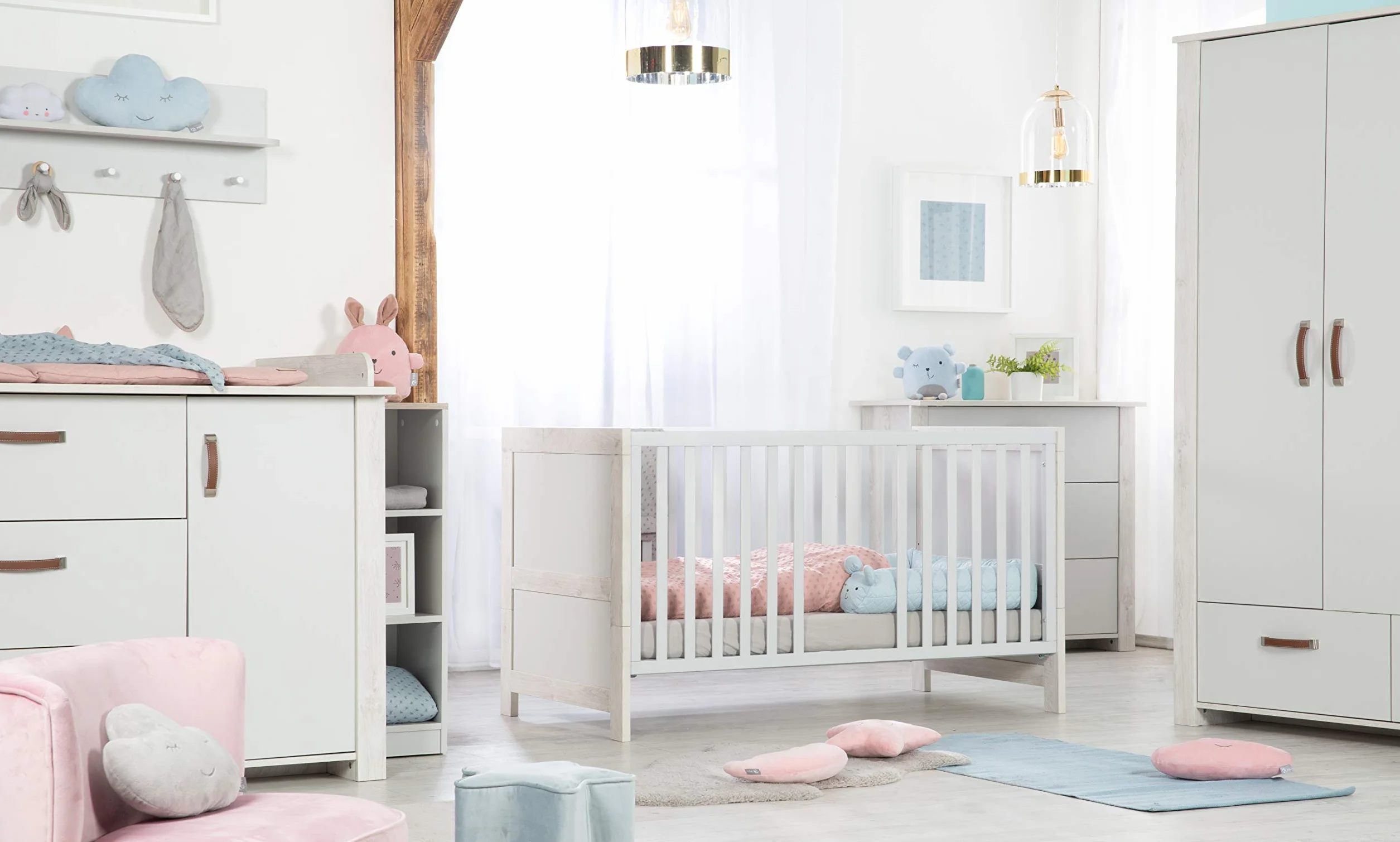 Cameretta per Bambini Mila Lettino Combinato 70x140 cm Fasciatoio Cassettiera Armadio 3 Ante Bianco Grigio