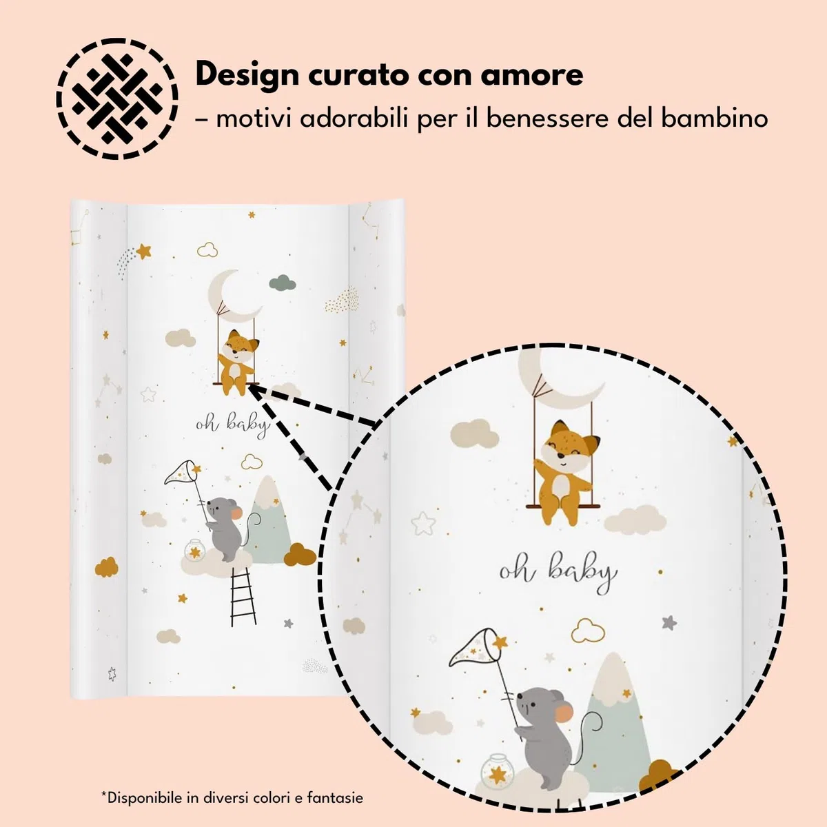 Materassino fasciatoio 70x47 cm, bianco con topolino – lavabile e morbido, bordi sagomati per sicurezza – cuscino fasciatoio per cassettiera – materassino cambio neonato con imbottitura comfort