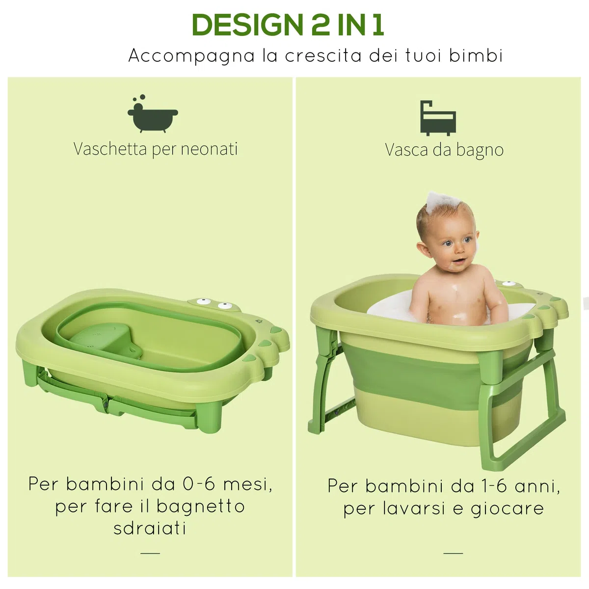 HOMCOM Vaschetta Bagnetto Neonato Pieghevole con Supporto Antiscivolo, Vaschetta da Bagno Portatile per Neonati e Bambini di 0-6 Anni con Foro di Scarico, 75.3x55.4x43cm, Verde