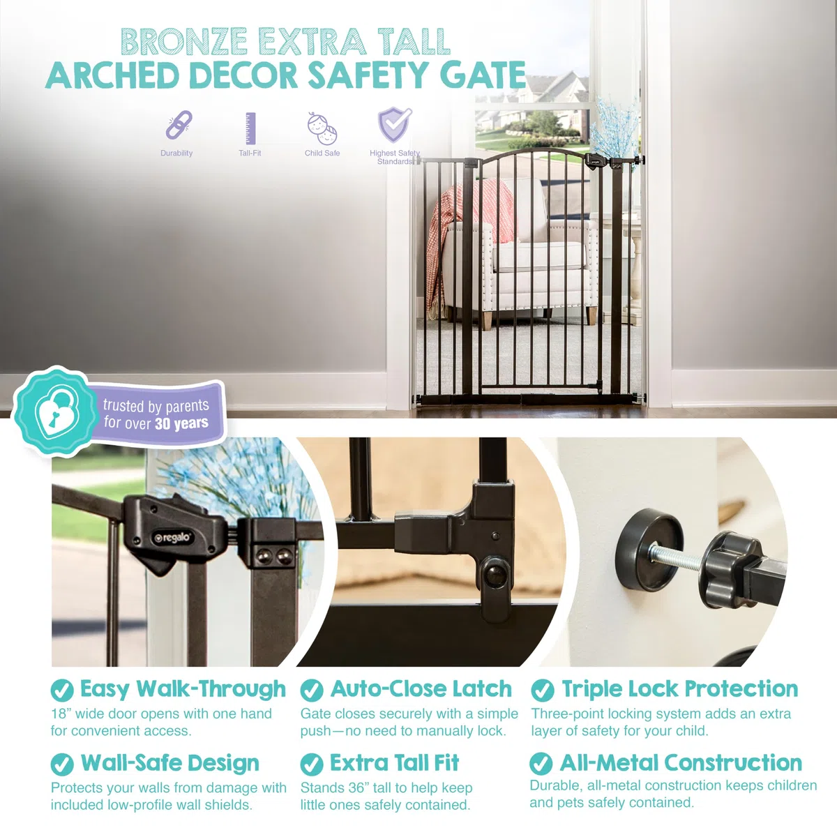 Regalo Safety 91.4cm Extra Tall Arched Baby Gate for Doorways & Bottom of Stairs, Fits Openings 75-87cm (Extension Included), Pressure Mounted for Babies, Toddlers & Pets, Bronze