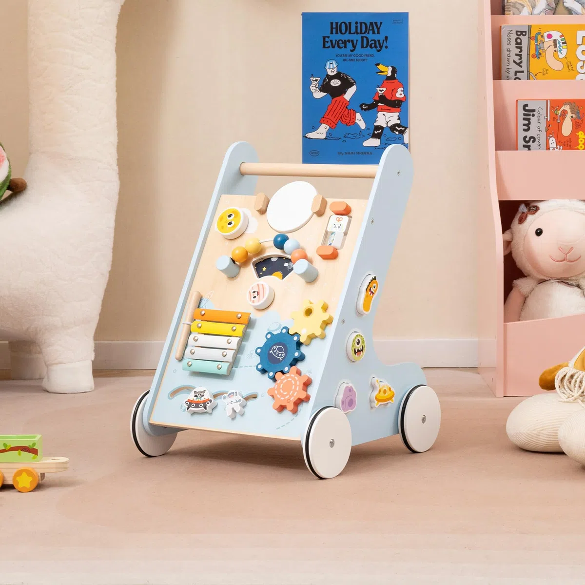COSTWAY Carrellino Primi Passi 8 in 1, Girello in Legno per Bambini, Giocattolo Montessori, Centro Attività di Apprendimento a Spinta, Giocattolo a Spinta per Bambini di 1+ Anni (Blu)