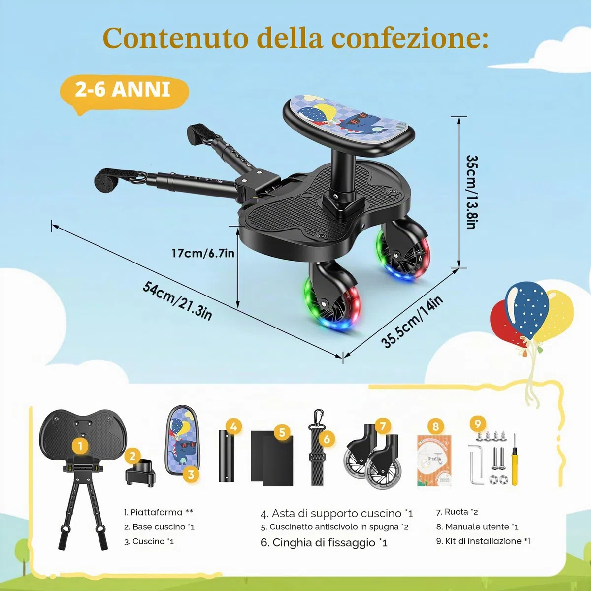 Passeggino con ruote a LED, pedana per passeggino, per bambini da 2 a 6 anni (25 kg), compatibile con il 99% di tutti i passeggini