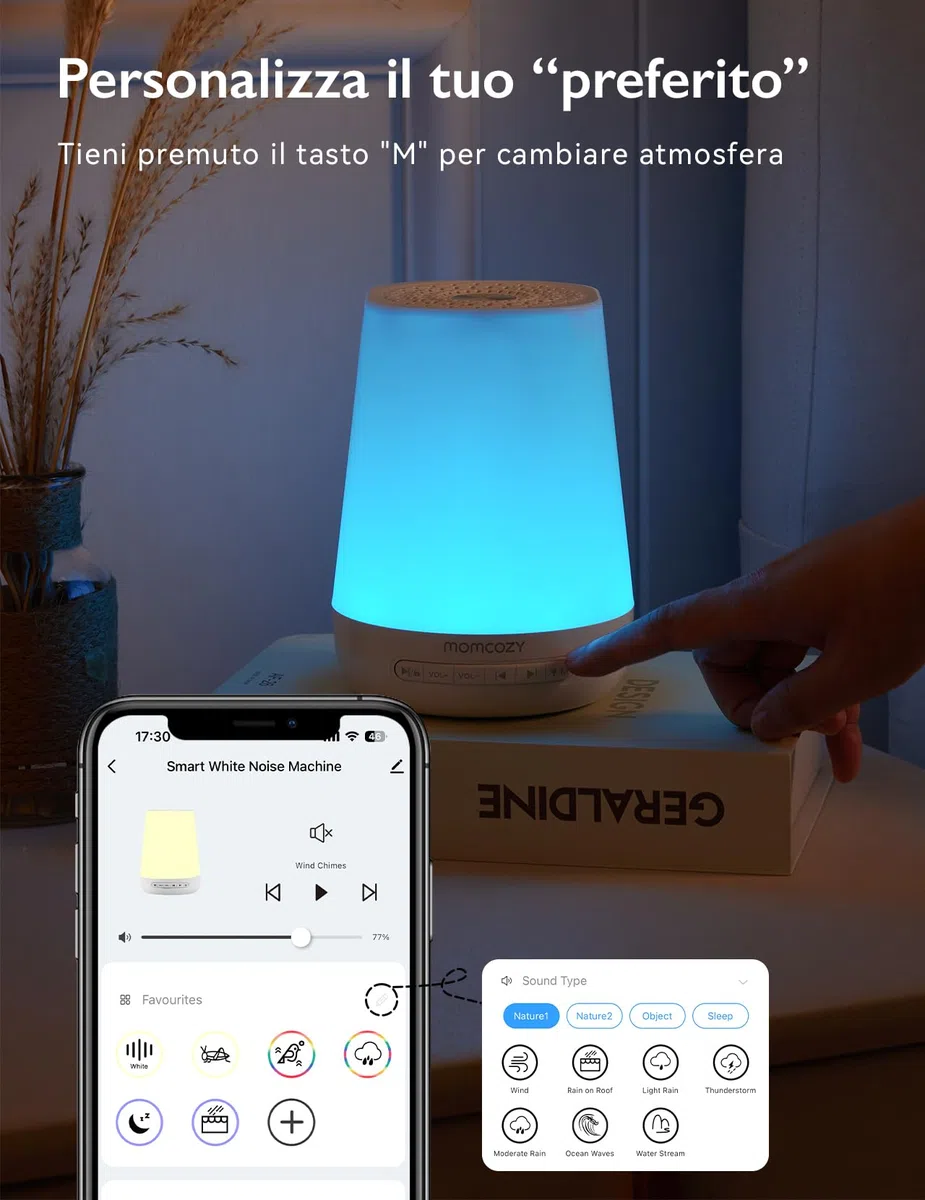 Momcozy Macchina del Rumore Bianco,Macchina del Suono per Bambino Adulto,34 Suoni Lenitivi,White Noise Machine Luce a 7 Colori,Macchina Rumore Bianco Telecomando APP, Funzione di Temporizzazione
