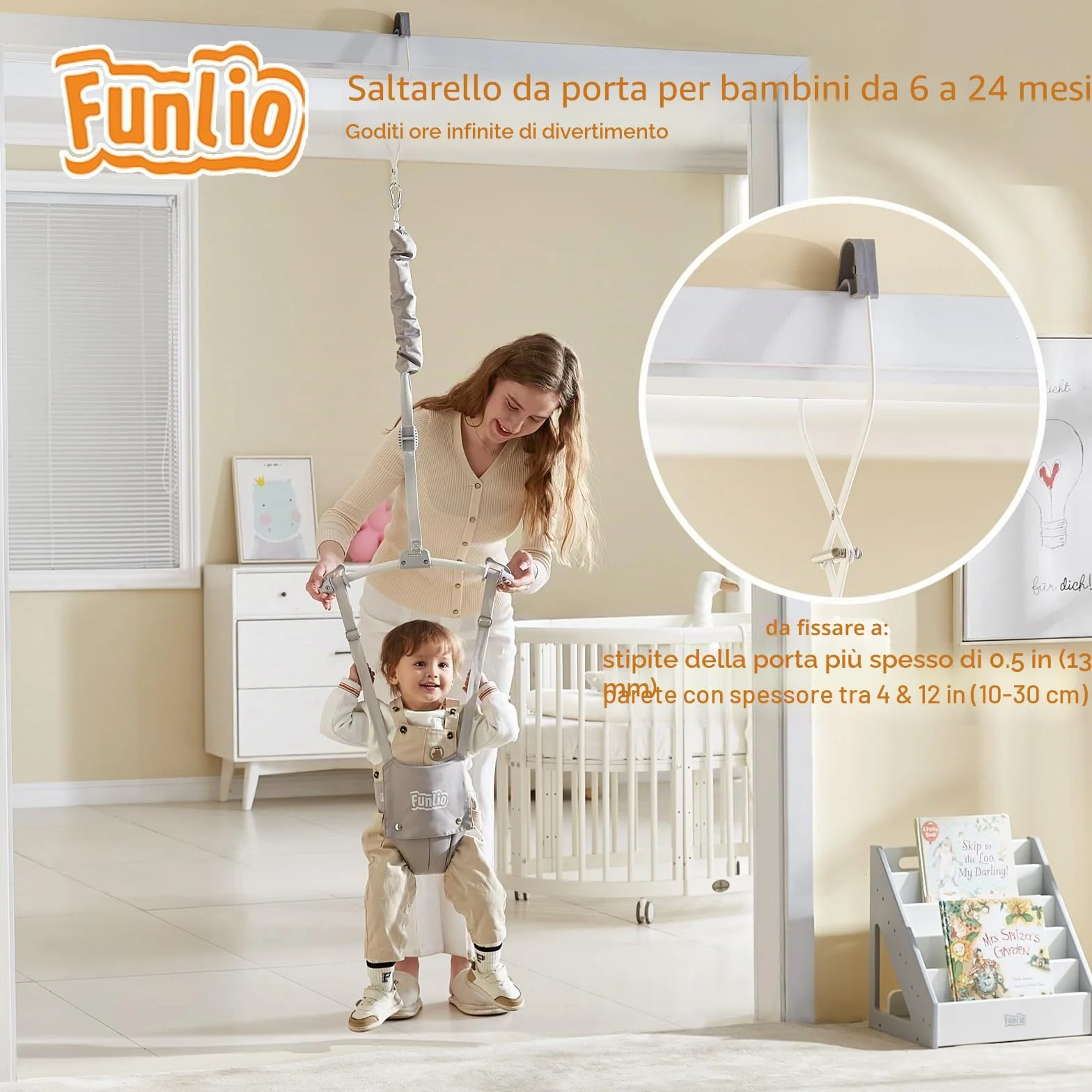 FUNLIO Sdraietta per Porta Baby per 6-24 Mesi (con Morsetto per Porta), Porta Baby Jumper con Molla Robusta/Cinghia Regolabile, Facile da Montare e Riporre, Portata 18 kg, Certificato CE CPC - Grigio