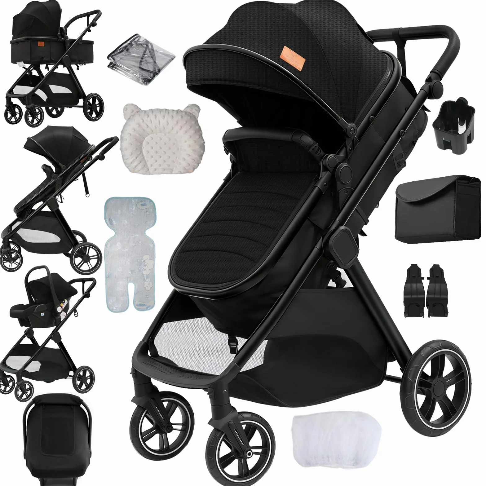 Passeggino 3 in 1, Trio Neonati da Viaggio Reversibile, Passeggino Pieghevole One-Click e Accessori Completi, Doppia Modalità di Freno per Ruote Anteriori e Posteriori