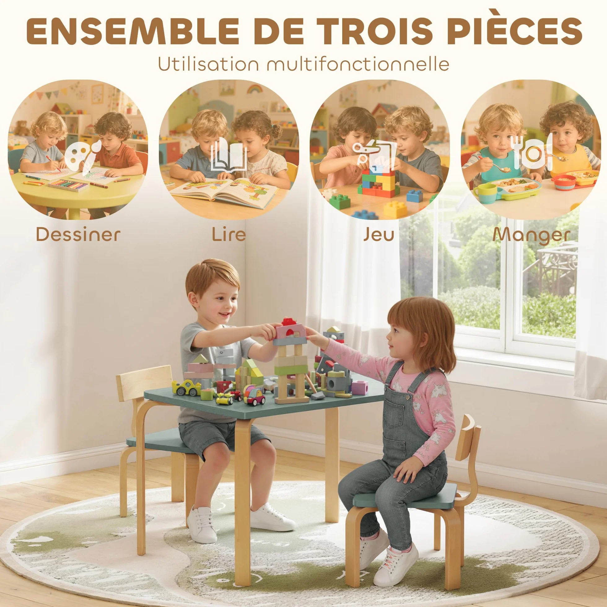 AIYAPLAY Tavolo per bambini con sedia, set di tavolo e 2 sedie in legno per disegnare, giocare, studiare, regalo per bambine e bambini 3-8 anni, per cameretta, camera da letto, asilo, verde