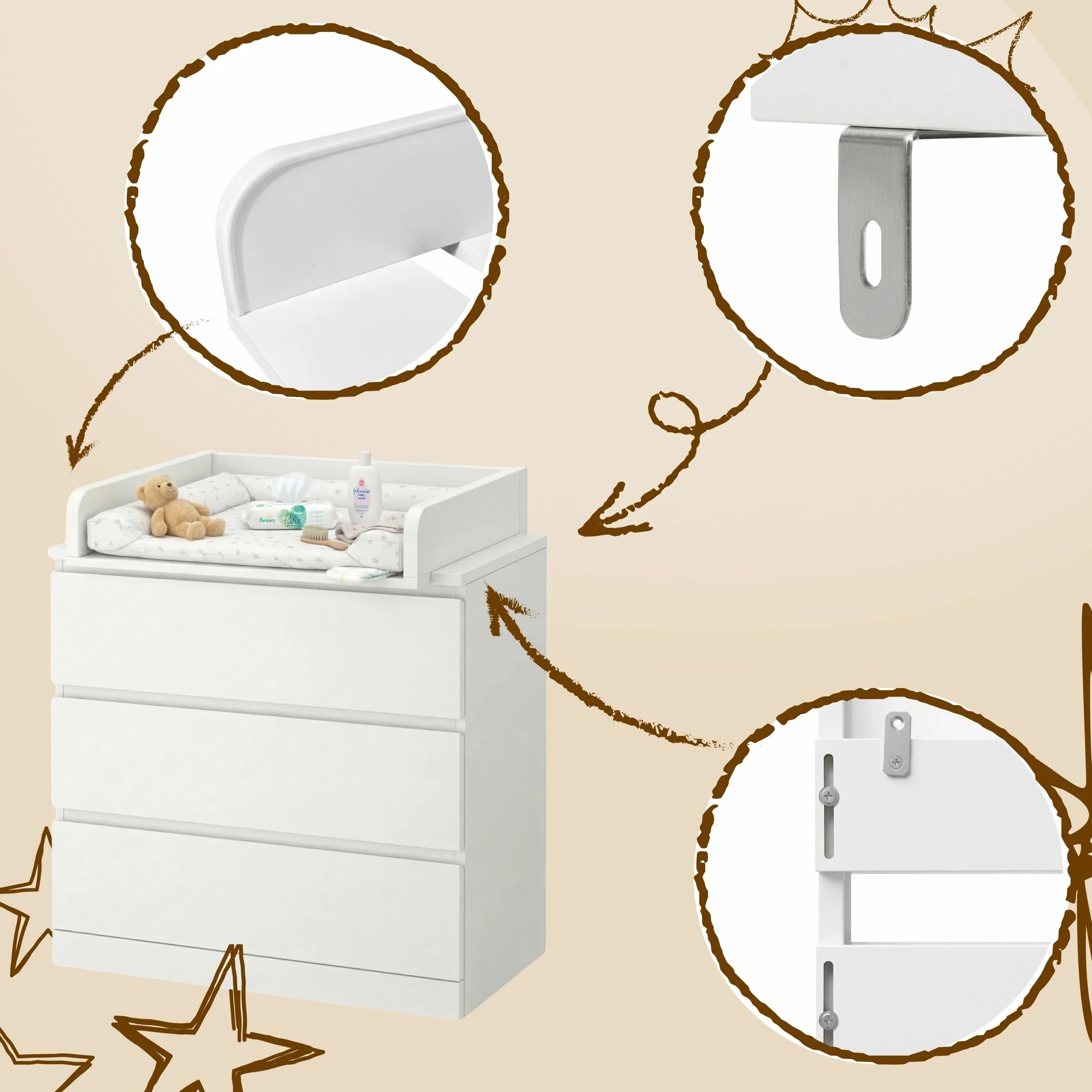 Fasciatoio per comò regolabile estensibile 34–50 cm, Bianco 53,2 x 70 cm