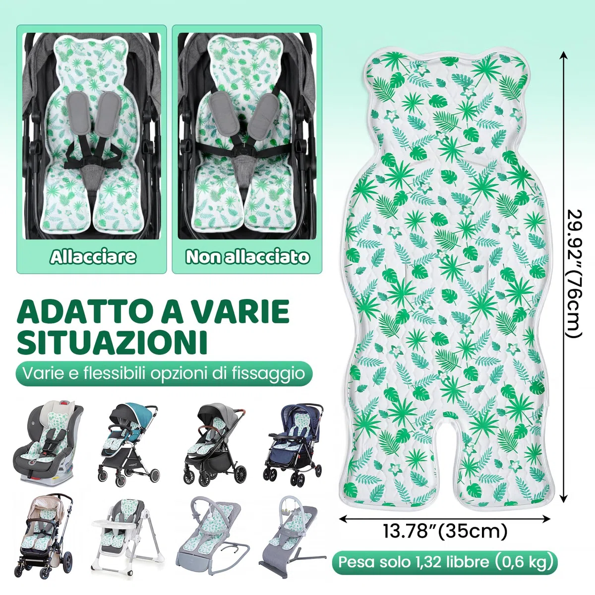 Orzbow Copri Passeggino Estivo Antisudore, Universale Materassino Passeggino Estivo, Grande Traspirante Copriseggiolino Auto Estivo, Adatto ai Seggiolone e Culla, Facile da Installare,Verde