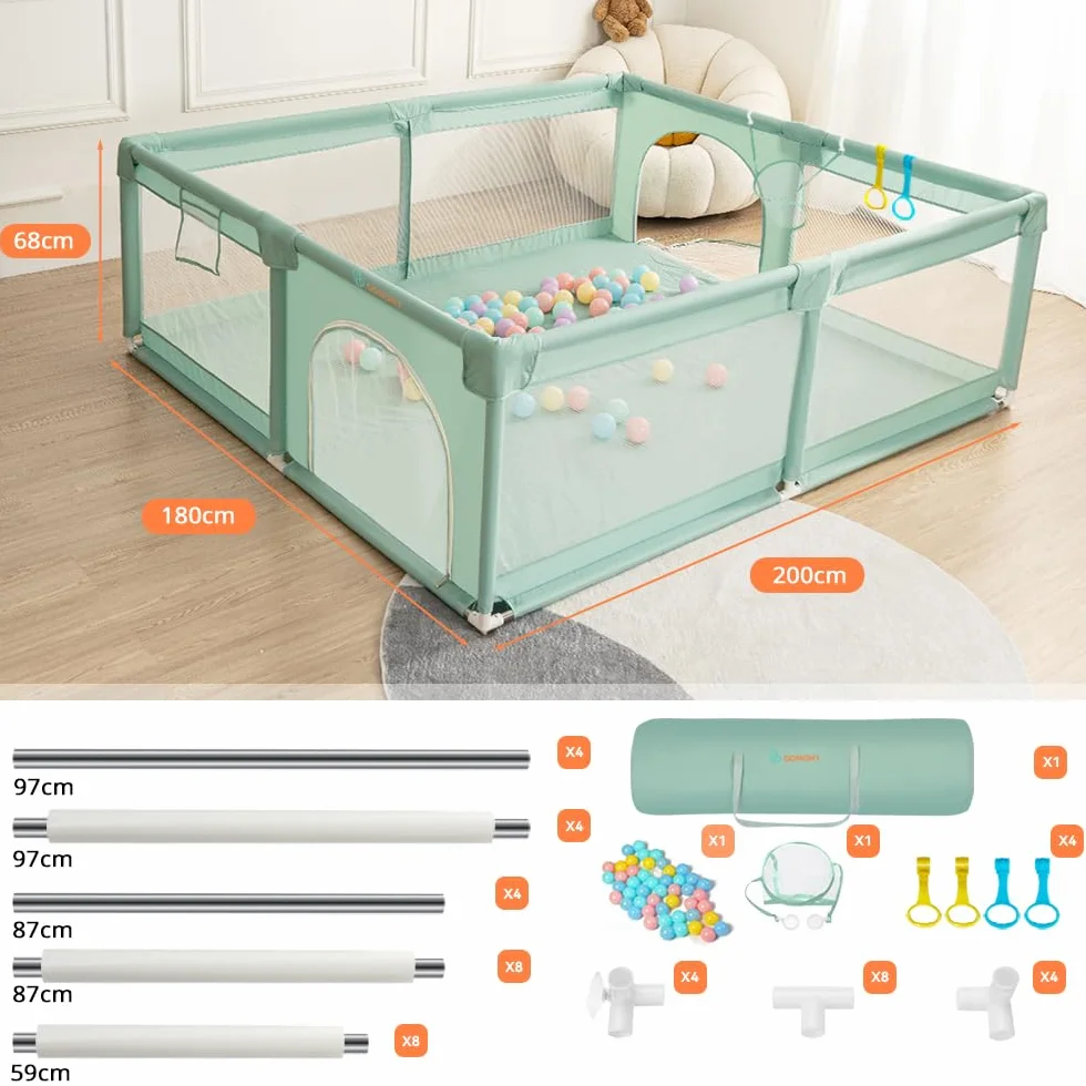 COMOMY Recinto Bambini Extra Large 180x200x66 cm con Palline, Mini Rattan e Anelli di Tiro, Rete Traspirante Verde