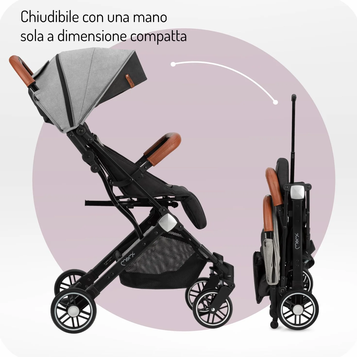 MoMi ESTELLE Passeggino Leggero pieghevole da viaggio 6 mesi 15 kg cinture 5 punti schienale reclinabile ruote EVA
