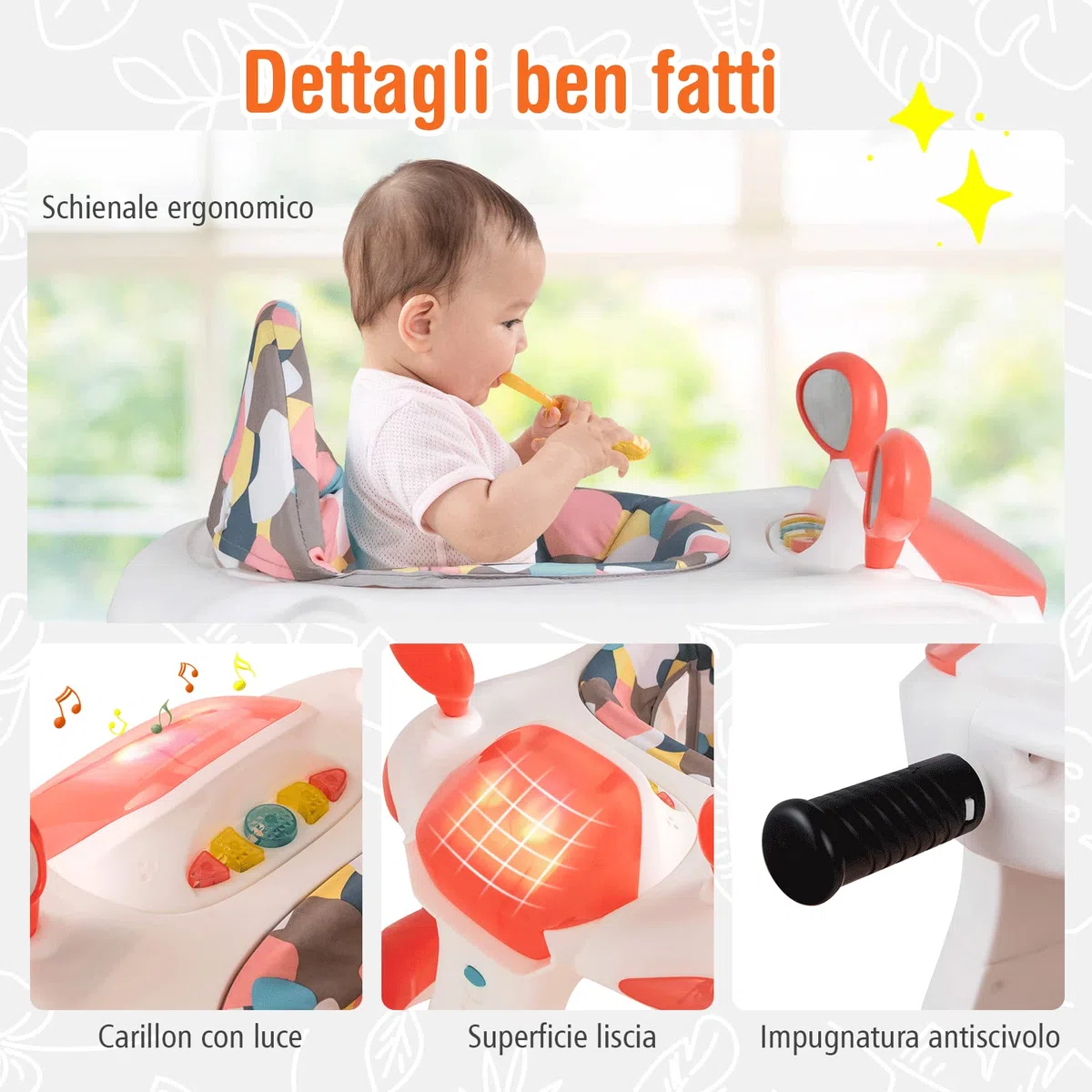 COSTWAY Girello per bambini 2 in 1, Girello con Altezza e Velocità Regolabili, Carillon con Luci e Cuscino Comodo, Primi Passi per Bambini 6-18 Mesi, Capacità di carico: 15 kg (Arancia)
