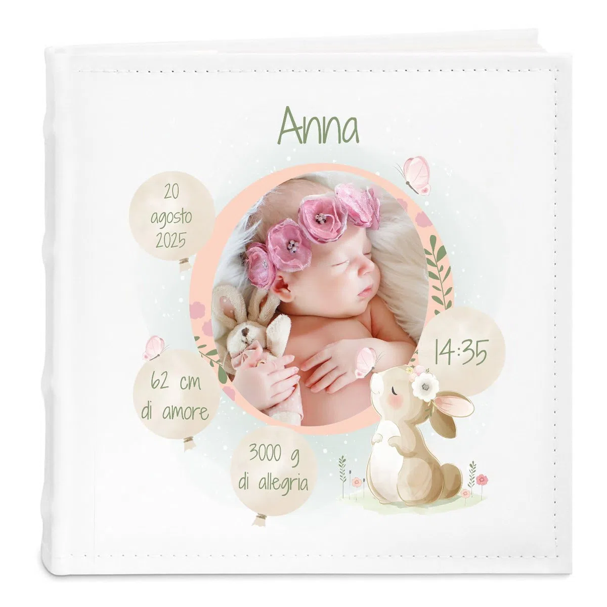 Maverton Album Fotografico Personalizzato - Album foto per neonata - Copertina in Pelle Sintetica Bianca Personalizzata con Stampa - 100 pagine - 200 foto 10x15 cm - regali neonata - Coniglio