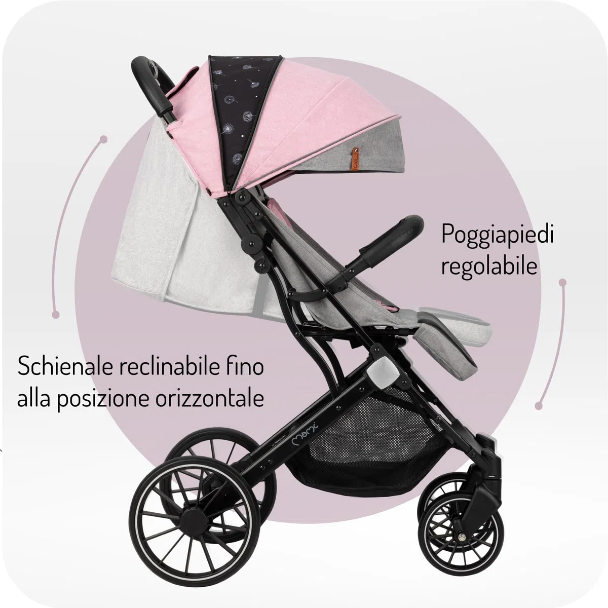 MoMi ESTELLE LIGHT PLUS Passeggino a partire da 6 mesi (fino a 22 kg), pieghevole con cintura di sicurezza a 5 punti, cestino porta spesa e funzione di apertura, manico telescopico per il traino