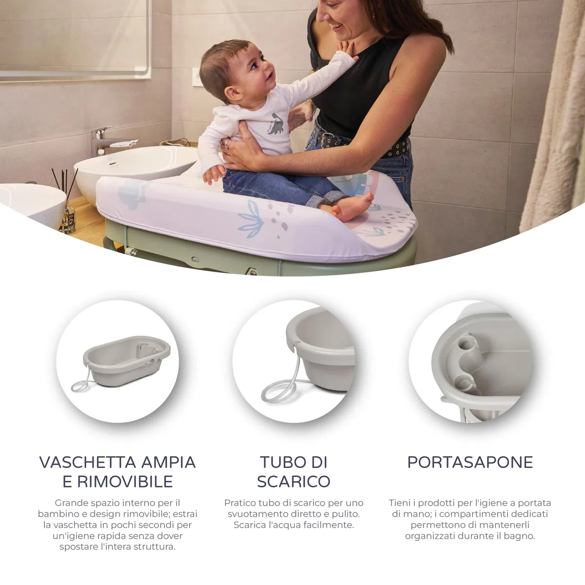 MS BabyWorld – BUBBLE + CUSCINO RIDUTTORE – Vaschetta Bagnetto Ergonomica con Supporto | Fasciatoio Impermeabile Imbottito | Chiusura Compatta | Organizzatore | 4 Ruote con Freni